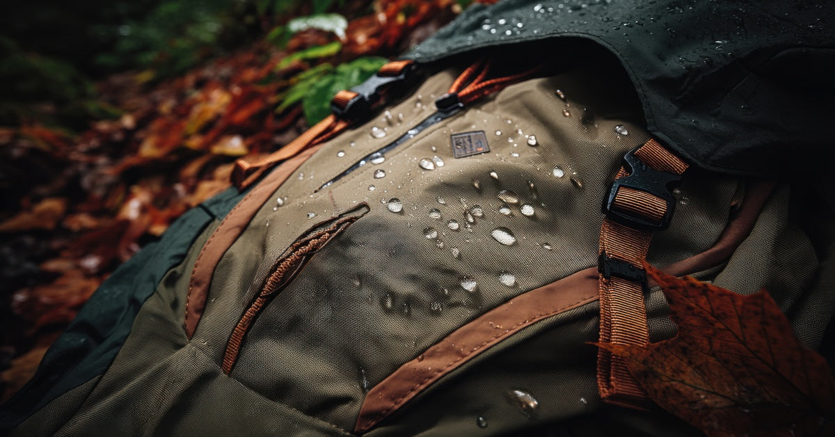 A close-up of a waterproof backpack lying on the ground. Rain droplets lie on the backpack's exterior.