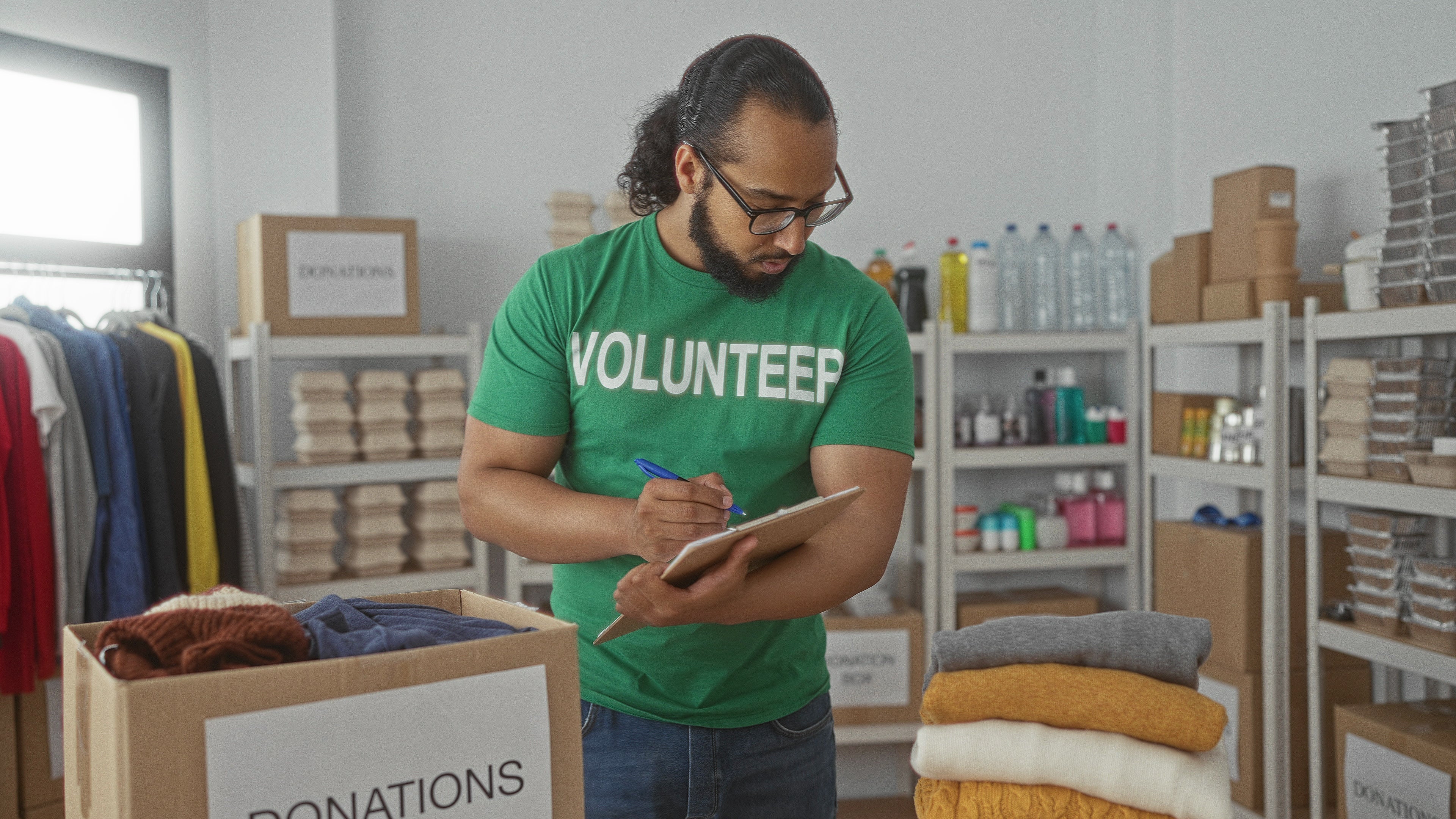 A volunteer wearing a green shirt writes on a clipboard while organizing donated clothing and supplies on shelves.