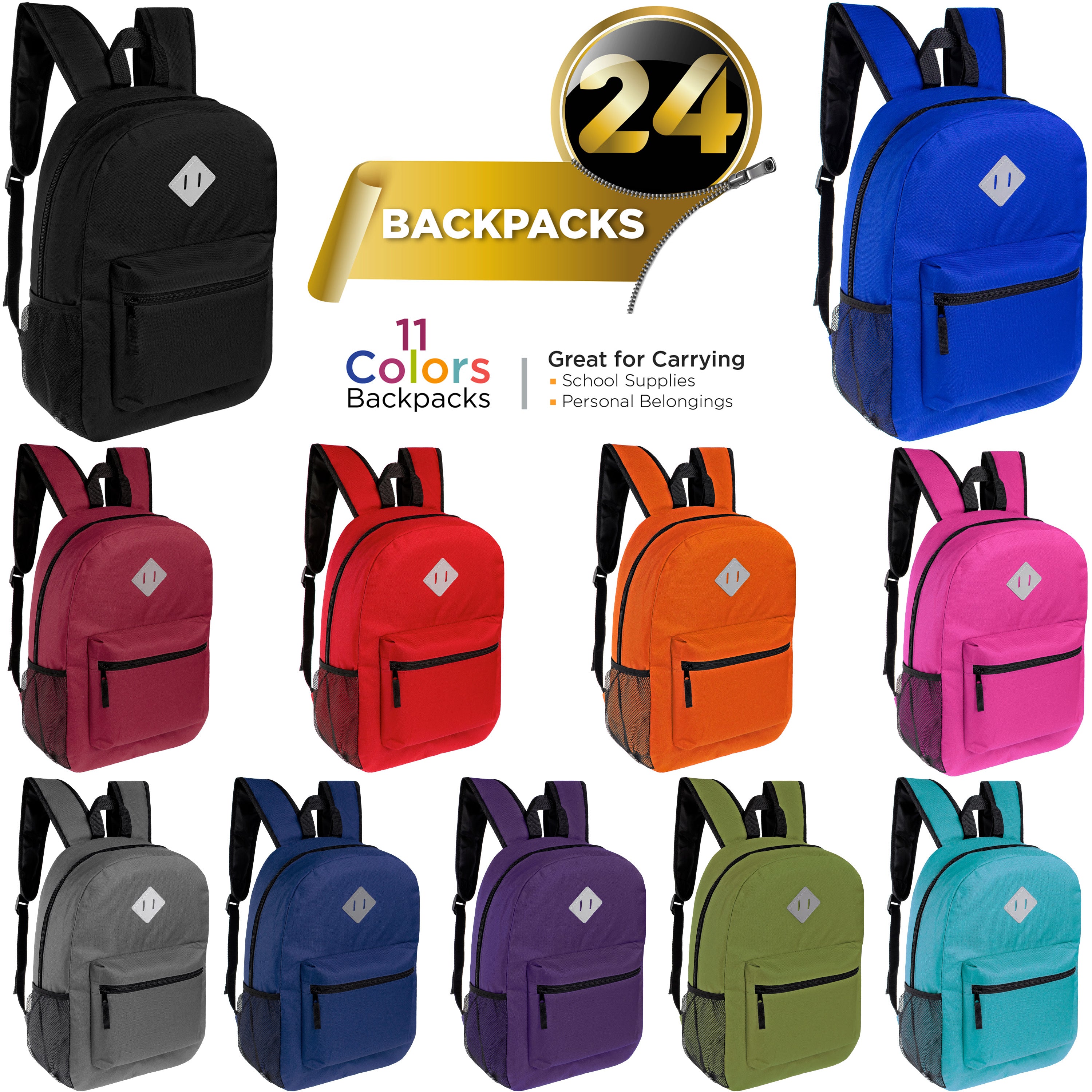 17" Wholesale Diamond Patch Backpack | 11 Colors | Padded Back - Bulk Case of 24 Bookbags