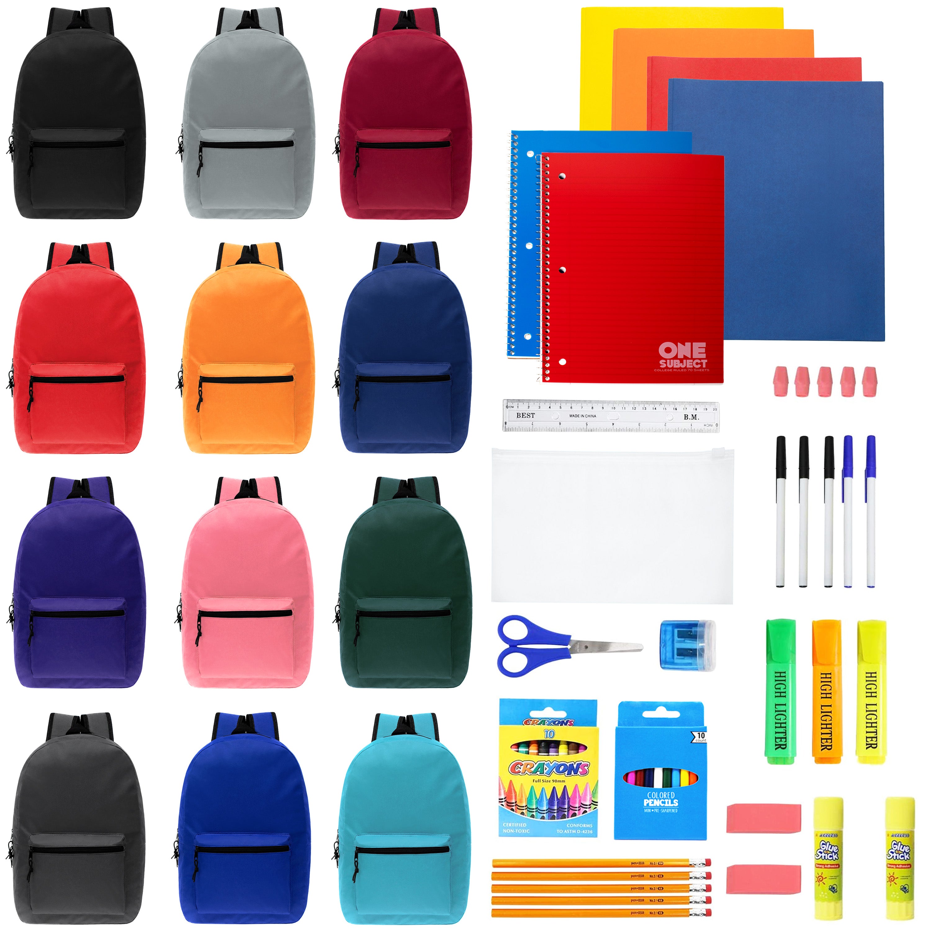 19" Bulk Backpacks in 12 Assorted Colors with 52 Piece School Supply Kits - Case of 12 Value, Bundle Pack
