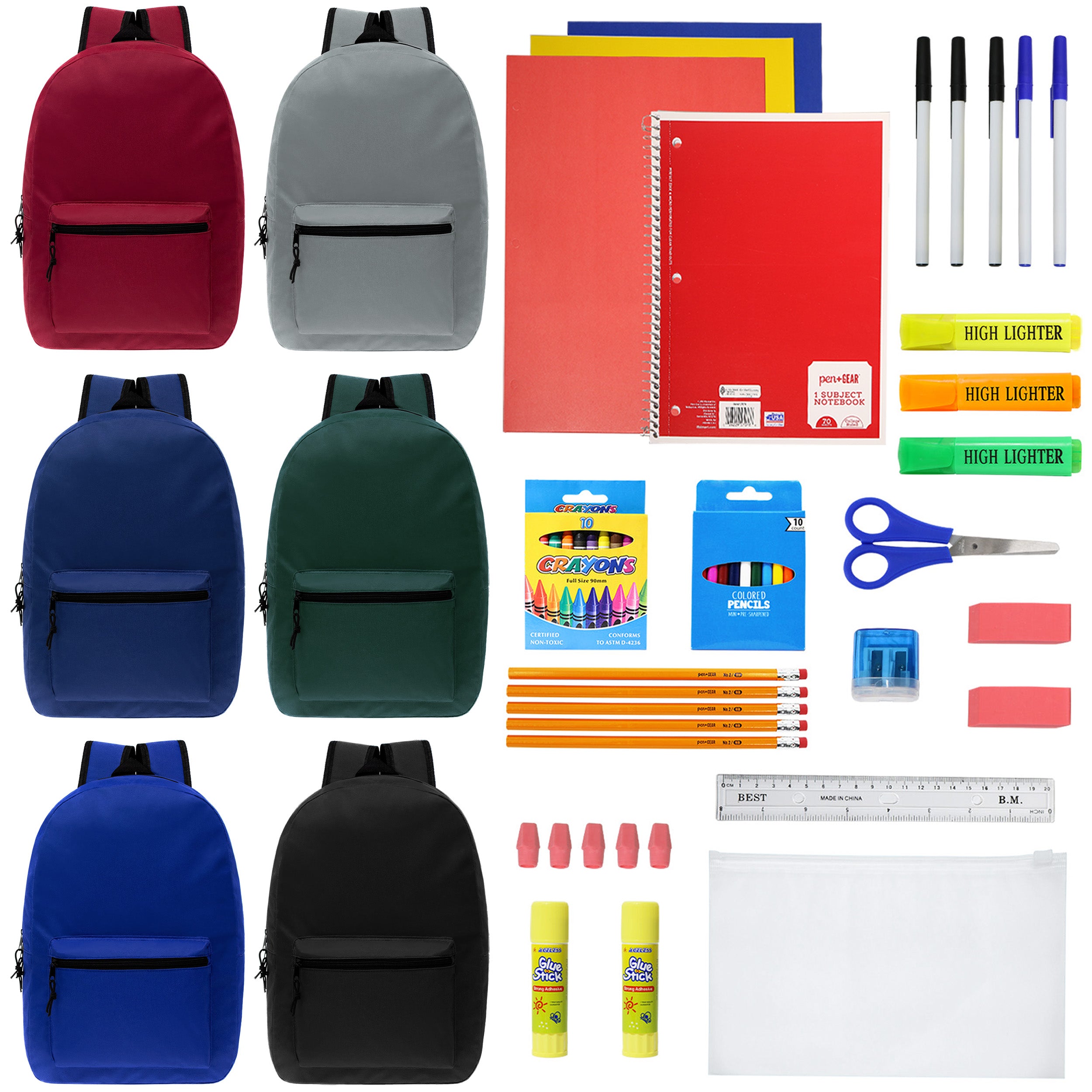 50 Piece Wholesale Basic School Supply Kit With 17 Backpack - Bulk Case of  12 Backpacks and Kits
