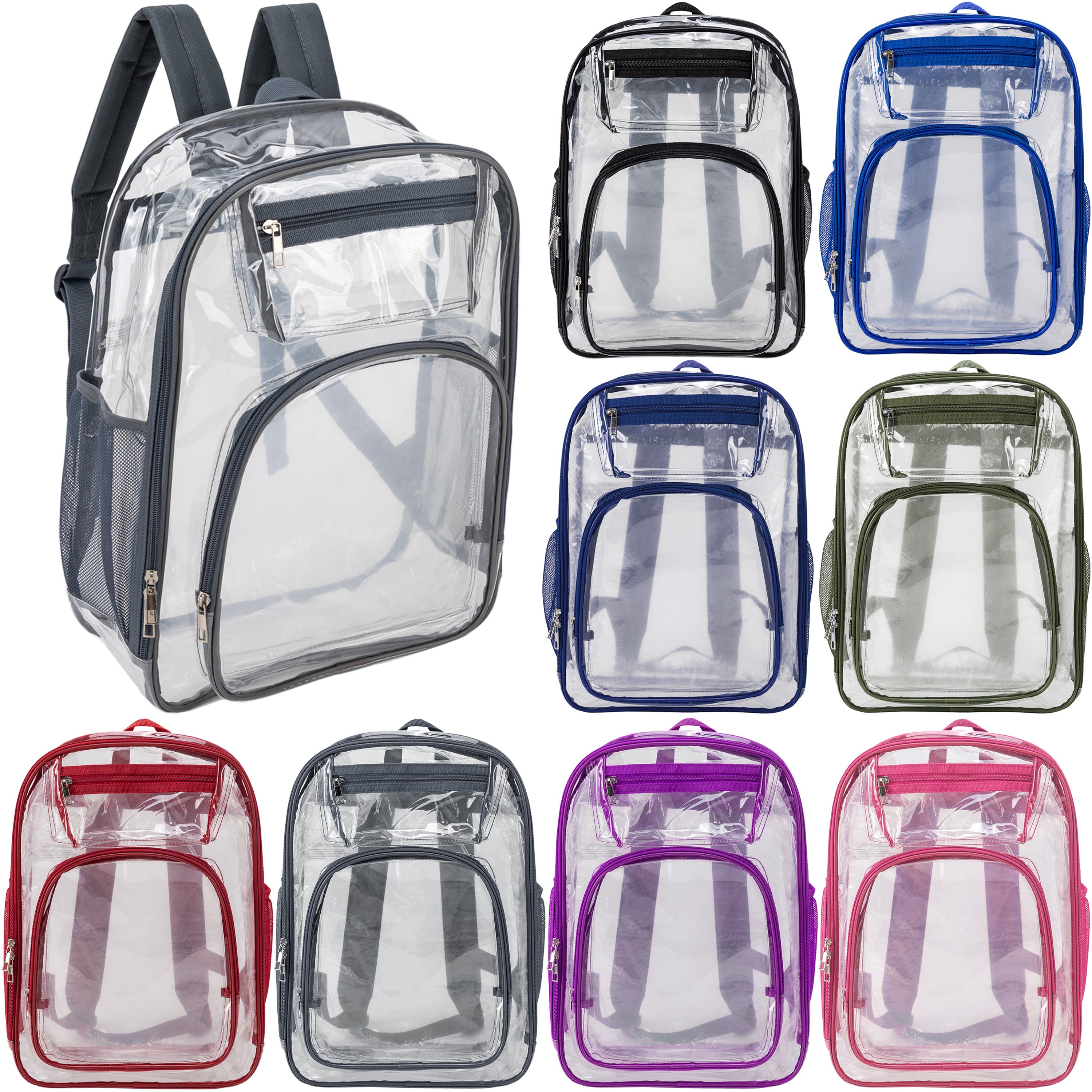 12 Premium 17" Wholesale Clear Backpacks in 8 Colors & 12 Bulk School Supply Kits of Your Choice