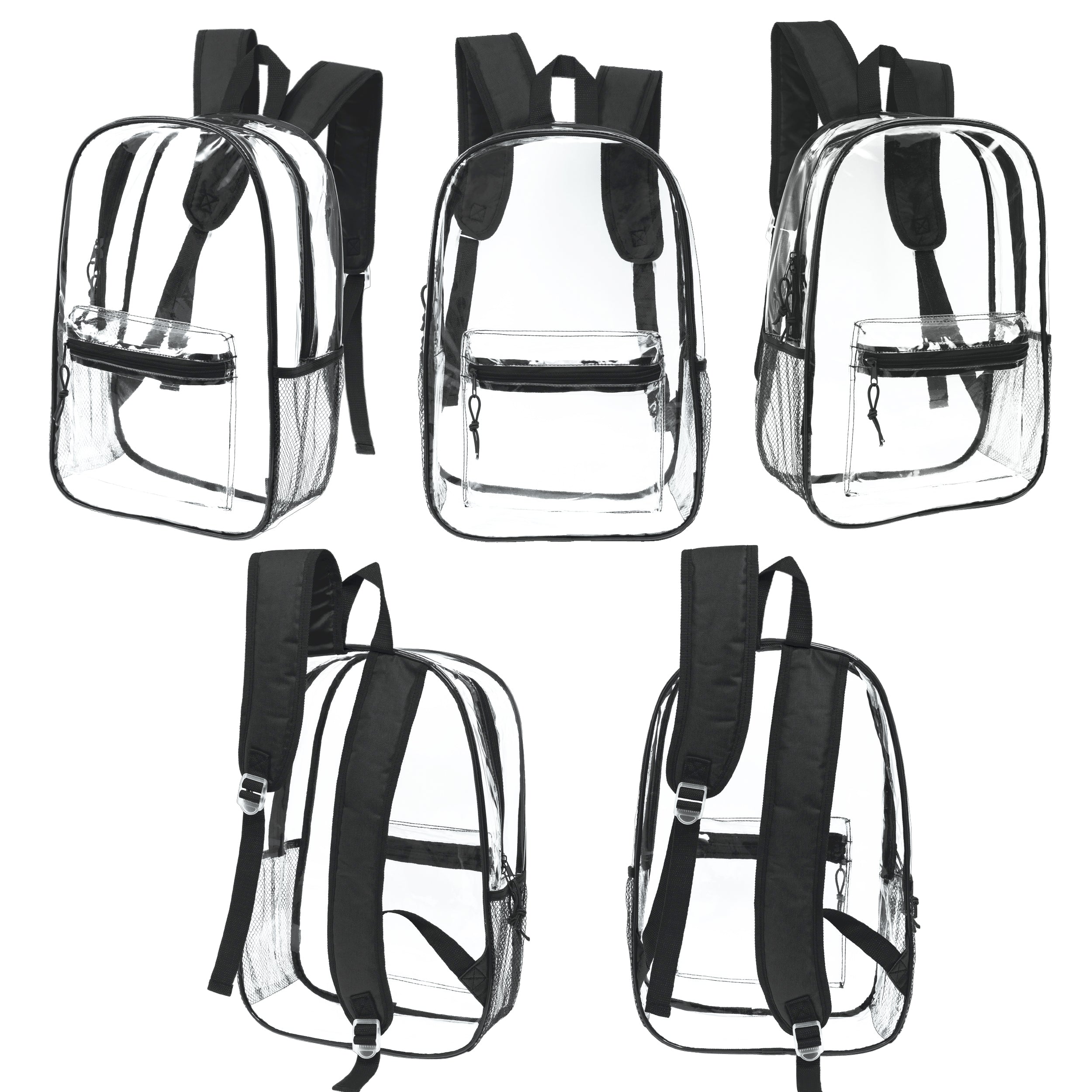 17" Clear Wholesale Backpack in Black With Side Pockets - Bulk Case of 24 Bookbags