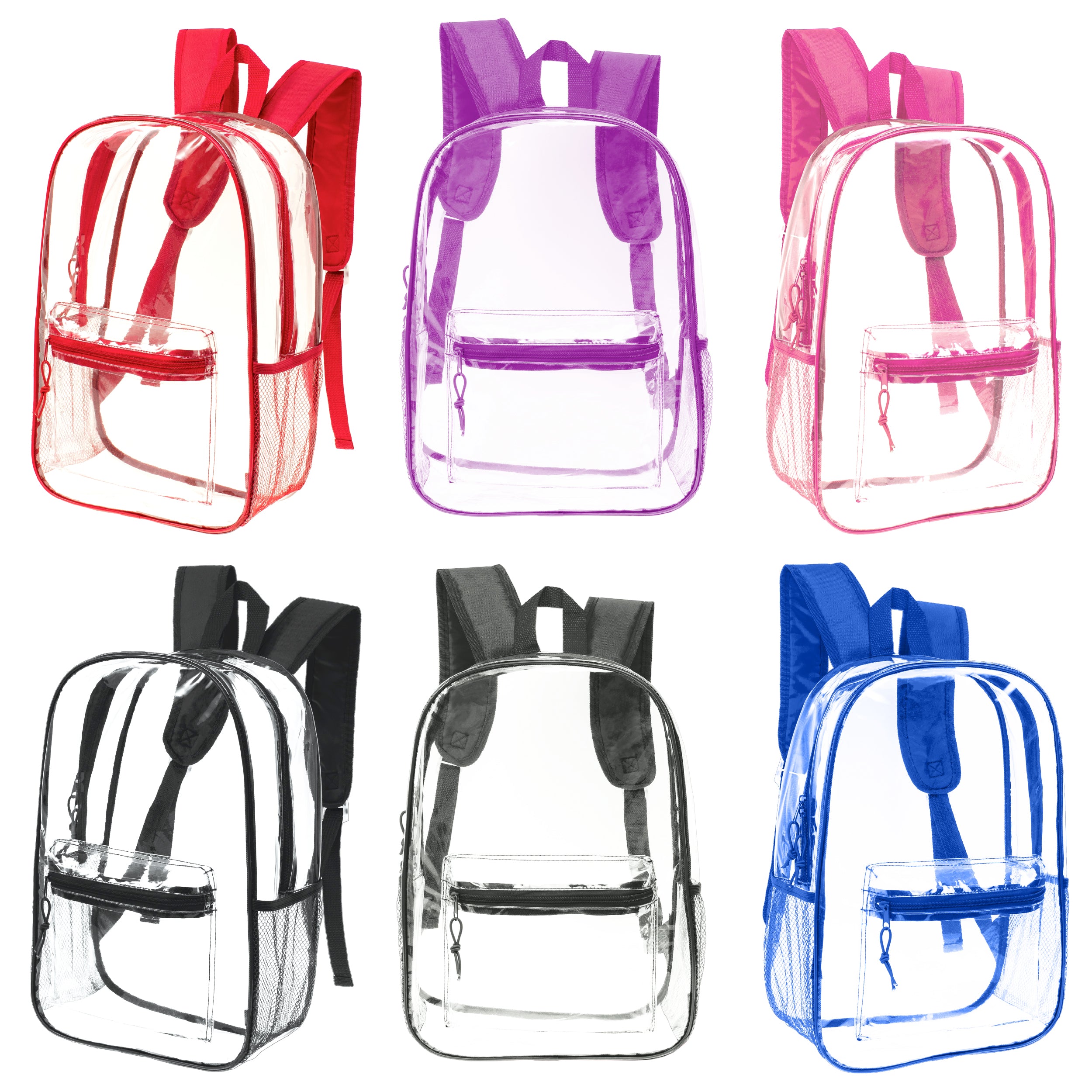 17" Clear Wholesale Backpack | 6 Colors | 2 Side Pockets - Bulk Case of 24 Bookbags