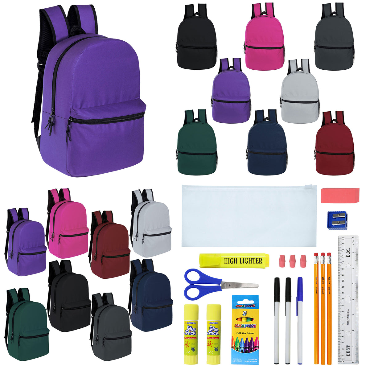 12 Wholesale 15" Backpacks in 8 Assorted Colors and 12 Bulk School Supply Kits of Your Choice