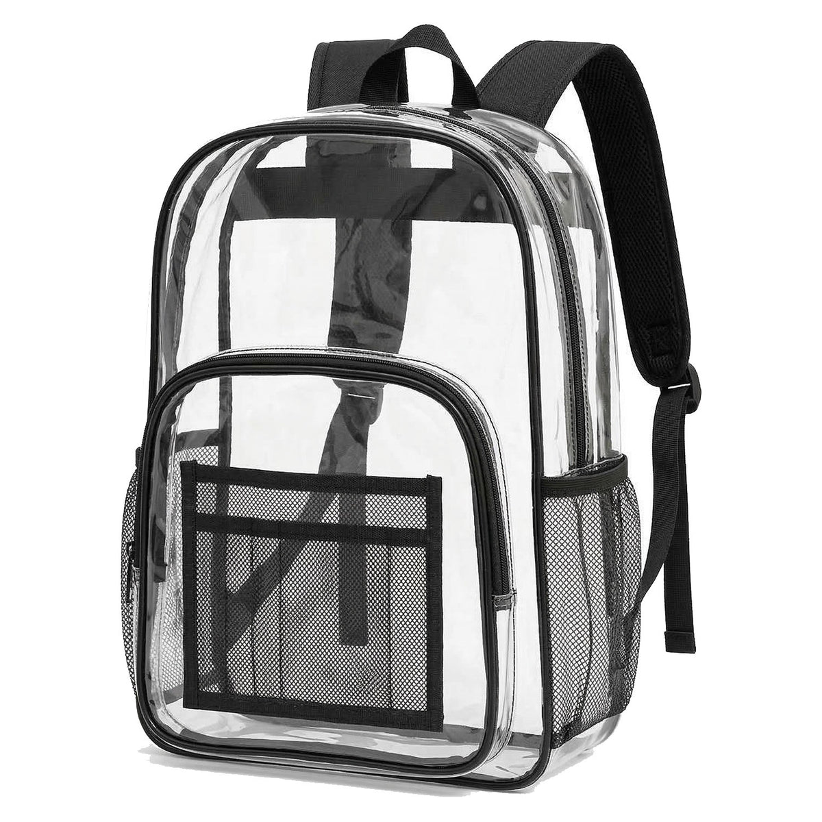 17 " Clear Wholesale Backpack w/ Black Trim & Side Pockets For School Students - Bulk Case of 24
