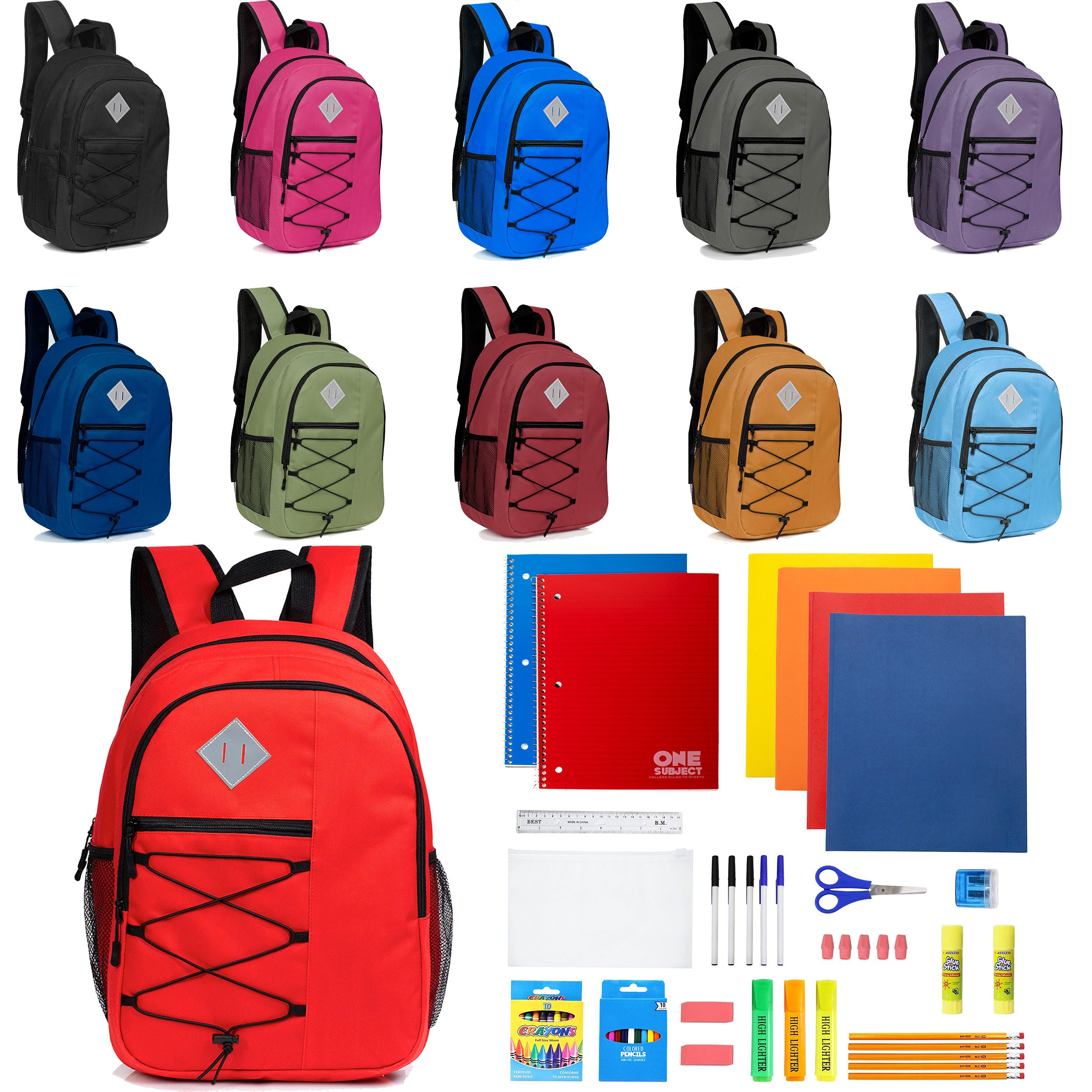 12 Wholesale 18" Bungee Laptop Backpacks in 11 Colors & 12 Bulk School Supply Kits of Your Choice