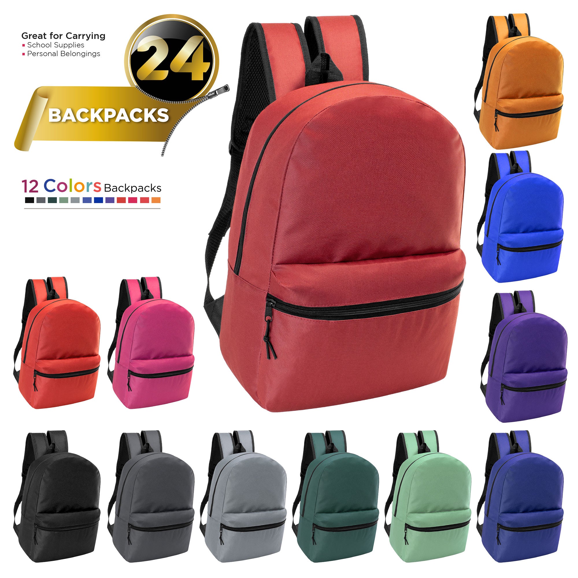 18.5" Basic Wholesale Backpack in 12 Colors - Bulk Case of 24 Bookbags