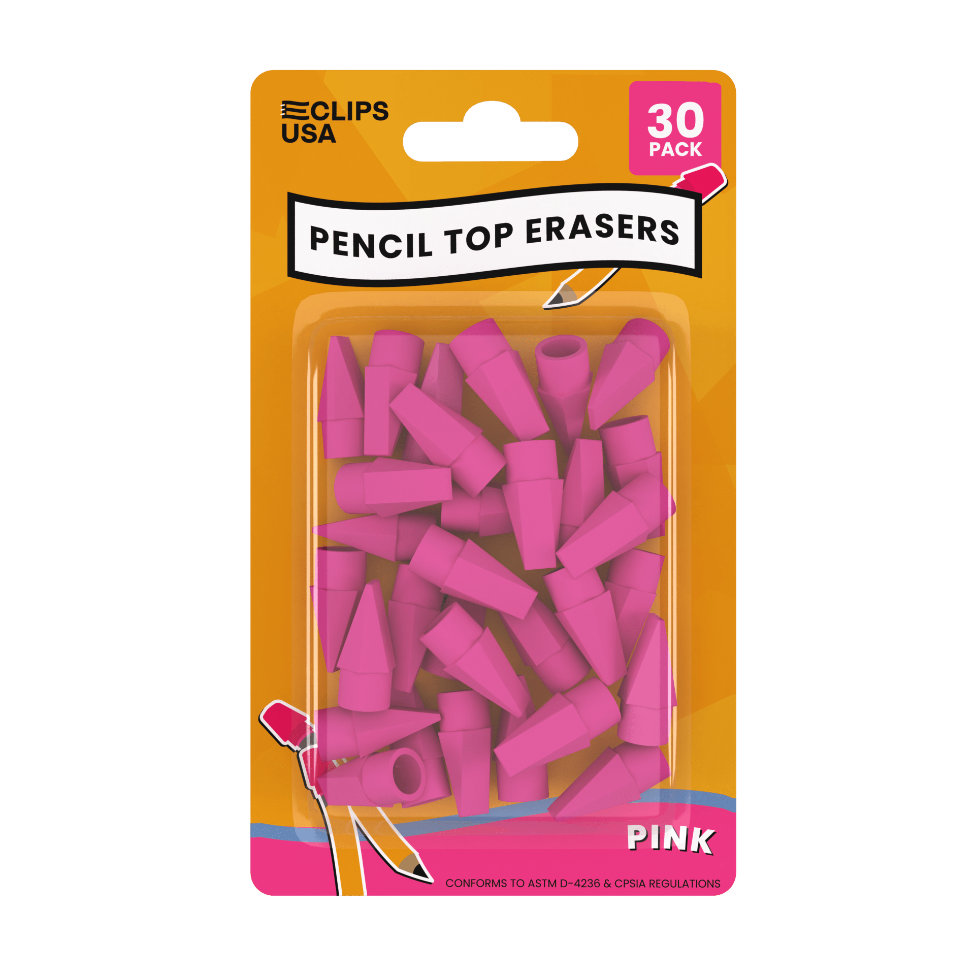 Pink Pencil Top Erasers - Cap Tops, 30 Pack
