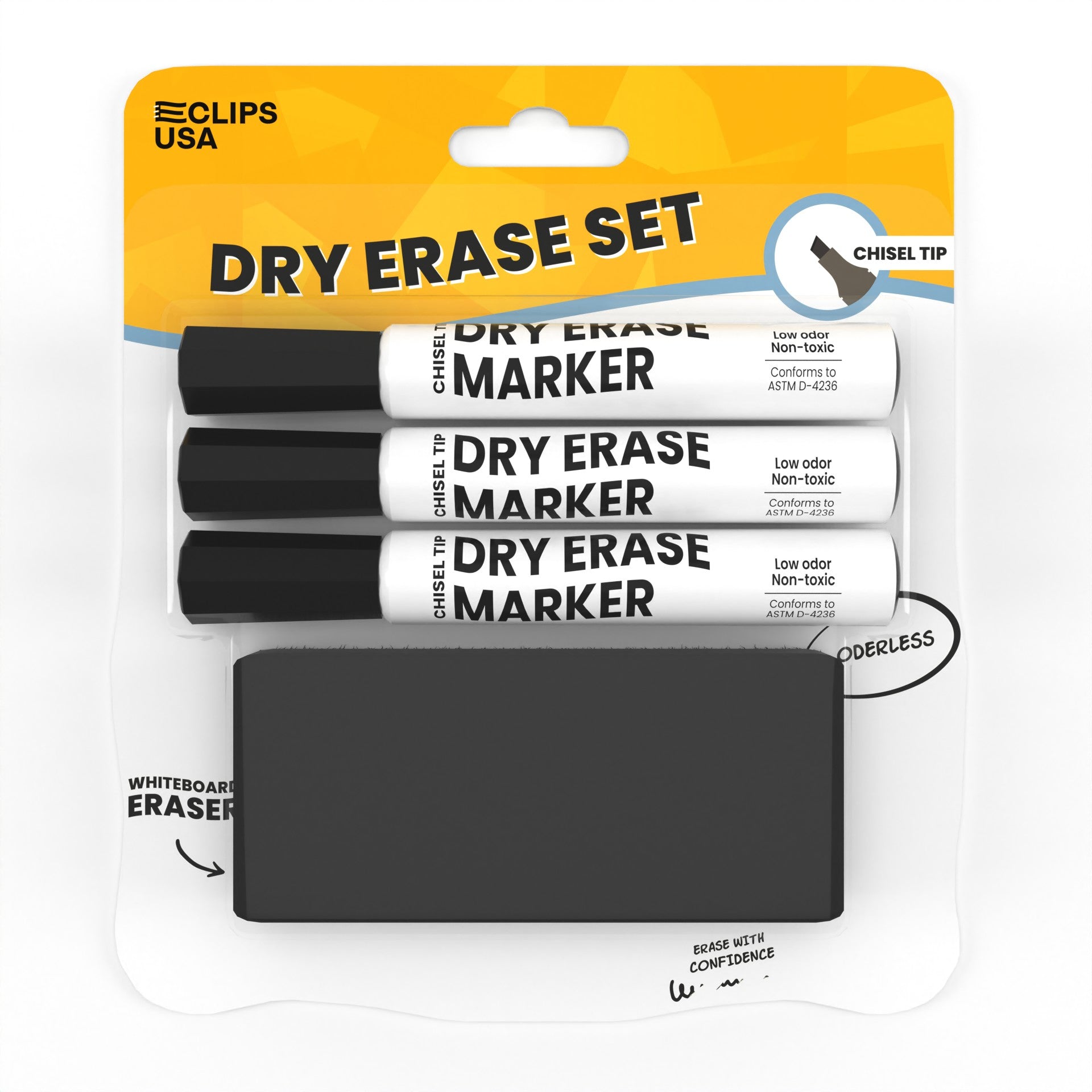 Wholesale Dry Erase Marker Set - Set Of 3 Chisel-Tip Markers With Eraser in Black - Bulk Case of 40 Sets