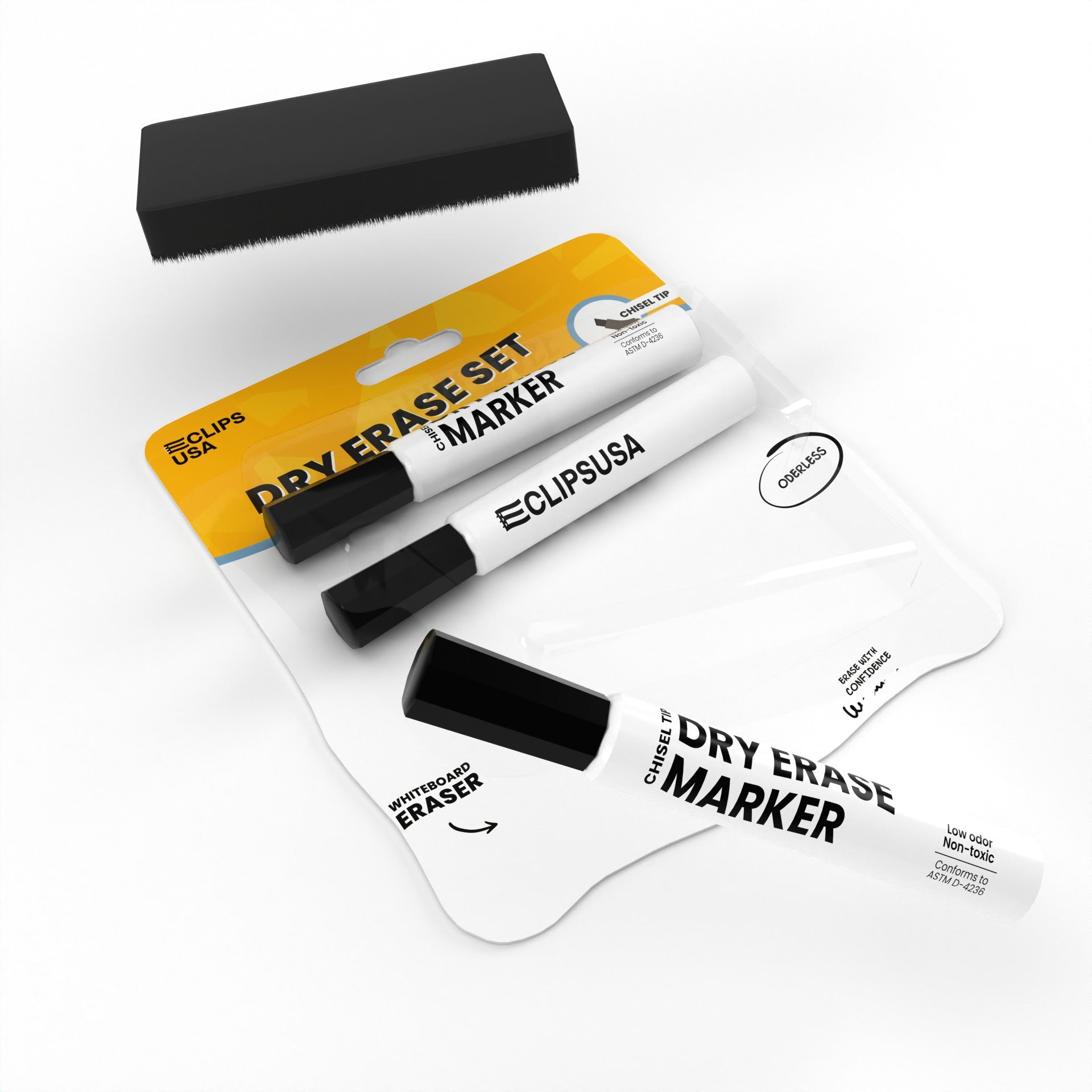 Wholesale Dry Erase Marker Set - Set Of 3 Chisel-Tip Markers With Eraser in Black - Bulk Case of 40 Sets