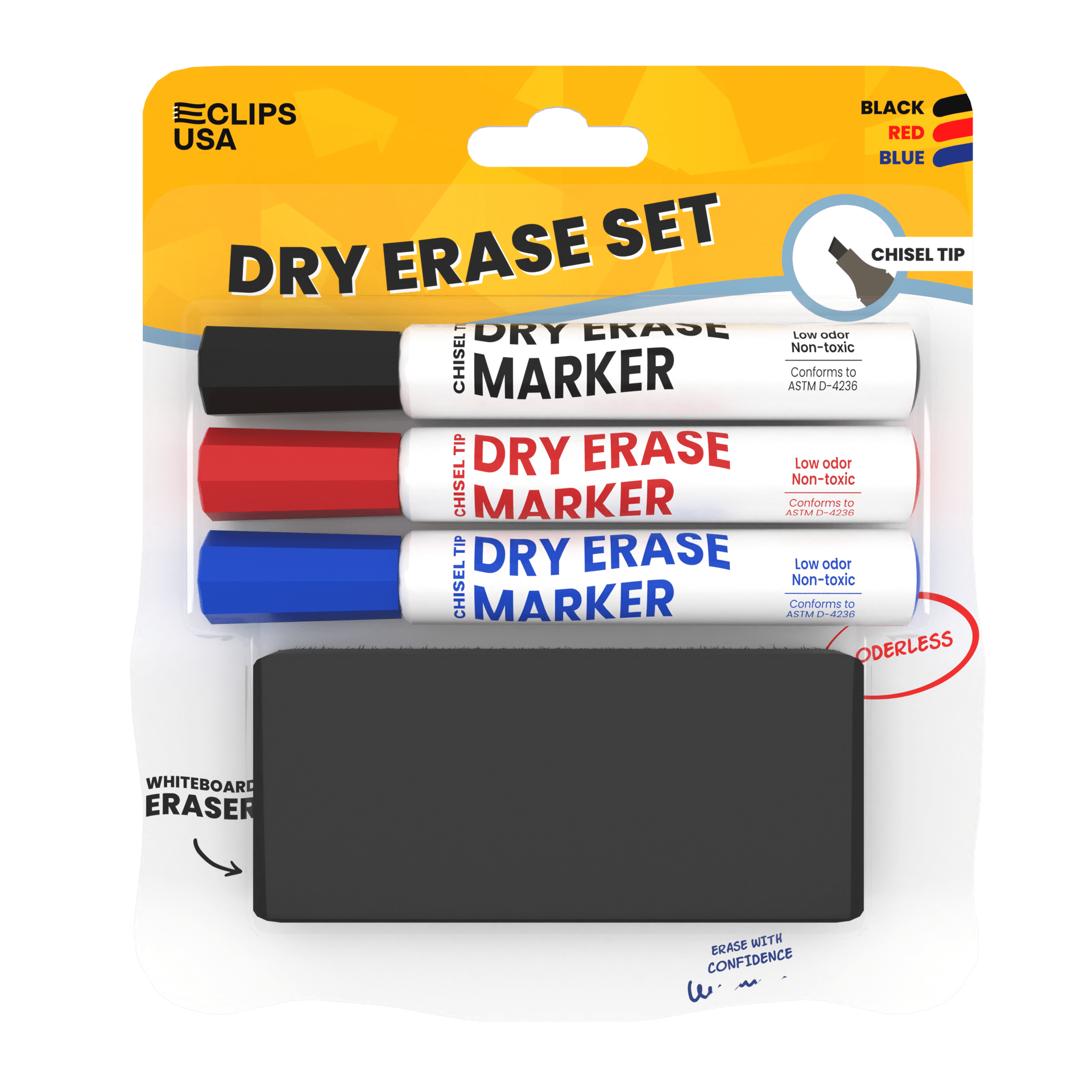 Dry Erase Marker Set - Low Odor, Non-toxic, Set Of 3 Markers With Eraser, Assorted Colors, Chisel-tip
