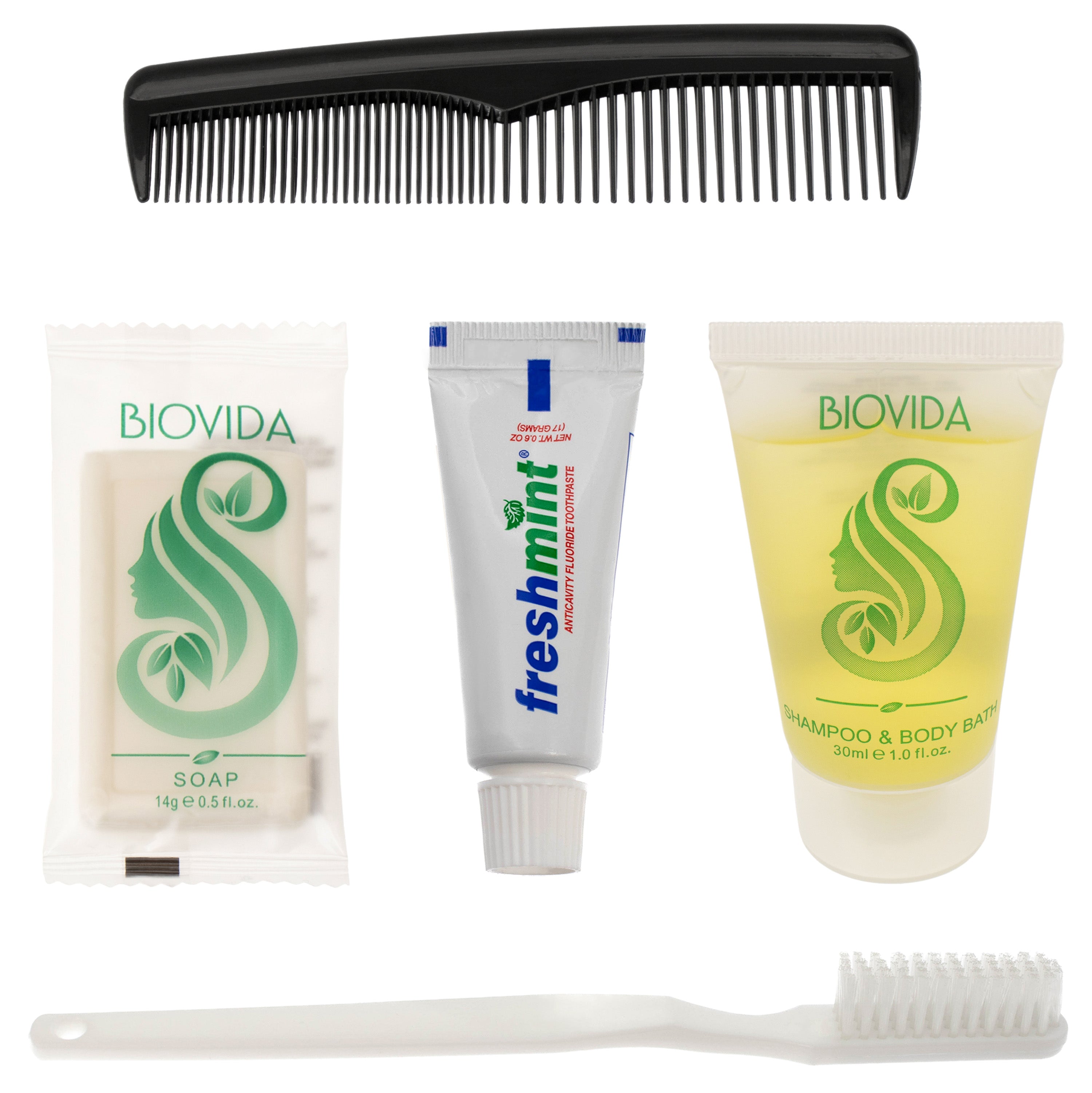 5 Piece Biovida Basic Wholesale Hygiene Kits - Bulk Toiletry Supplies - Case of 96