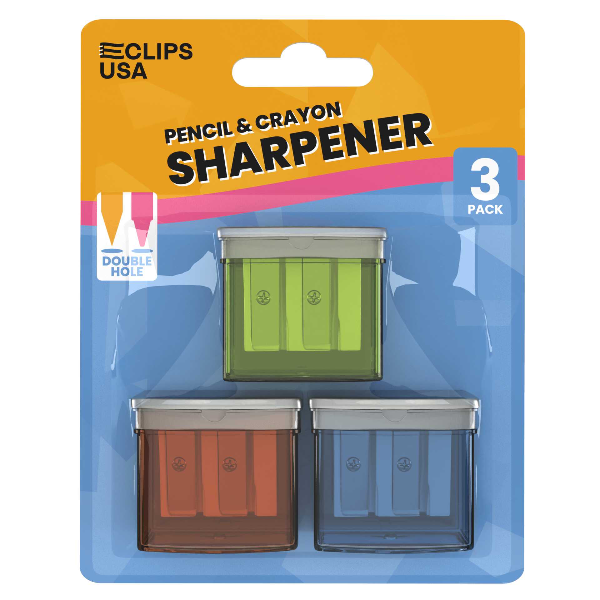Wholesale Pencil Sharpeners in Assorted Colors - 2 Hole - 3 Pack - 36 Packs / Case - 108 Total Sharpeners