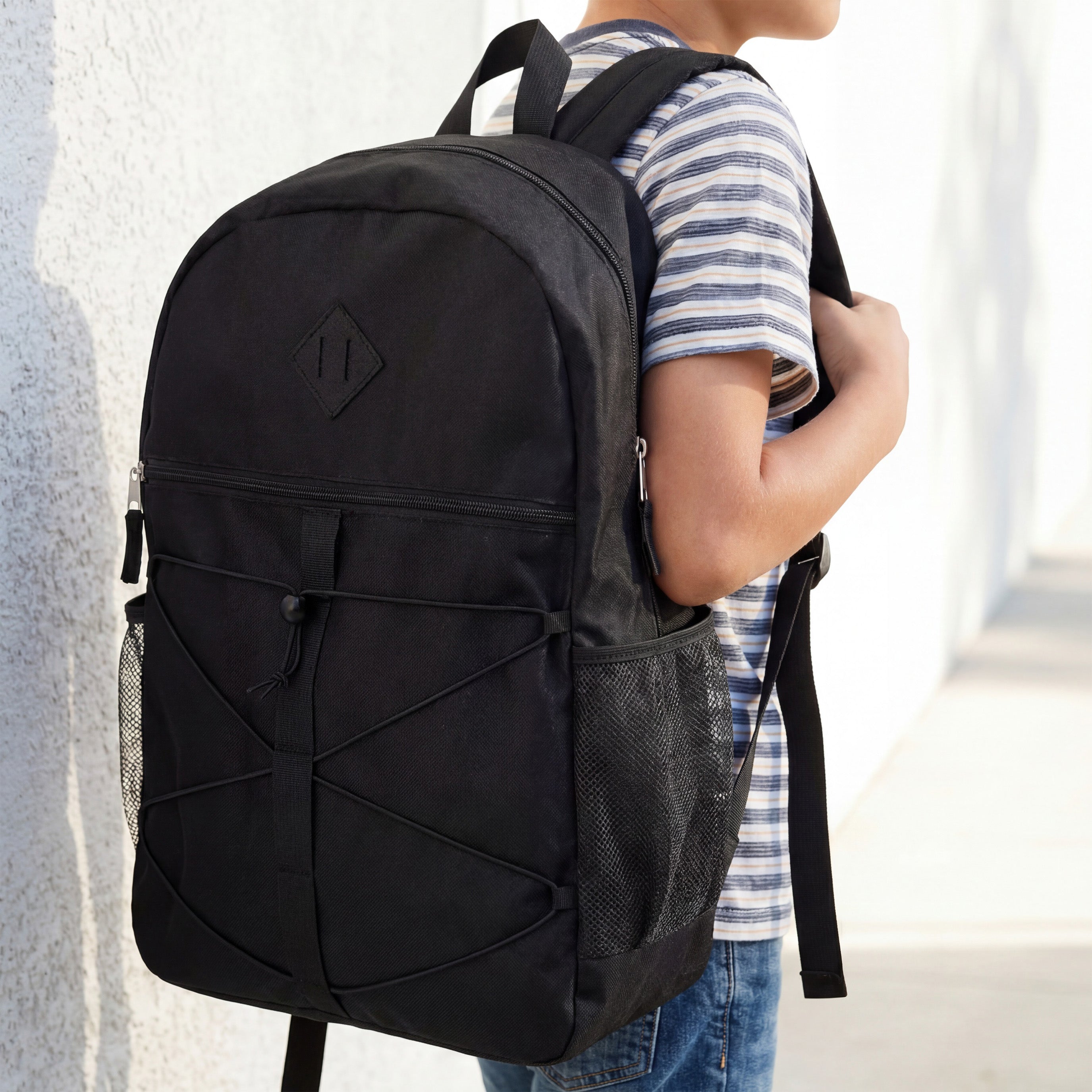 18" Wholesale Bungee Backpacks in Black with 2 Side Pockets - Bulk Case of 24 Bookbags