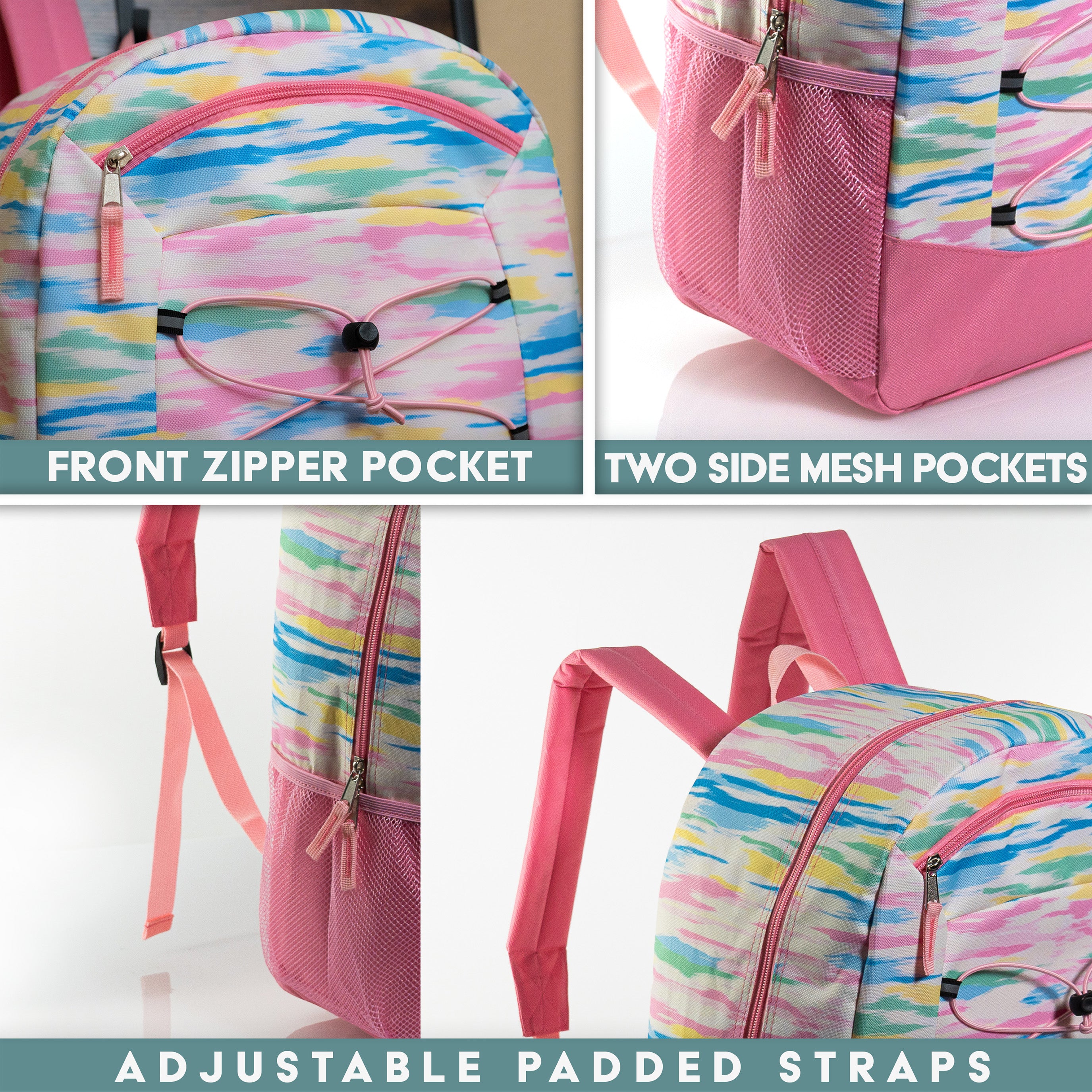 19" Deluxe Wholesale Bungee Backpacks | 6 Prints & Colors | 2 Mesh Side Pockets - Bulk Case of 24