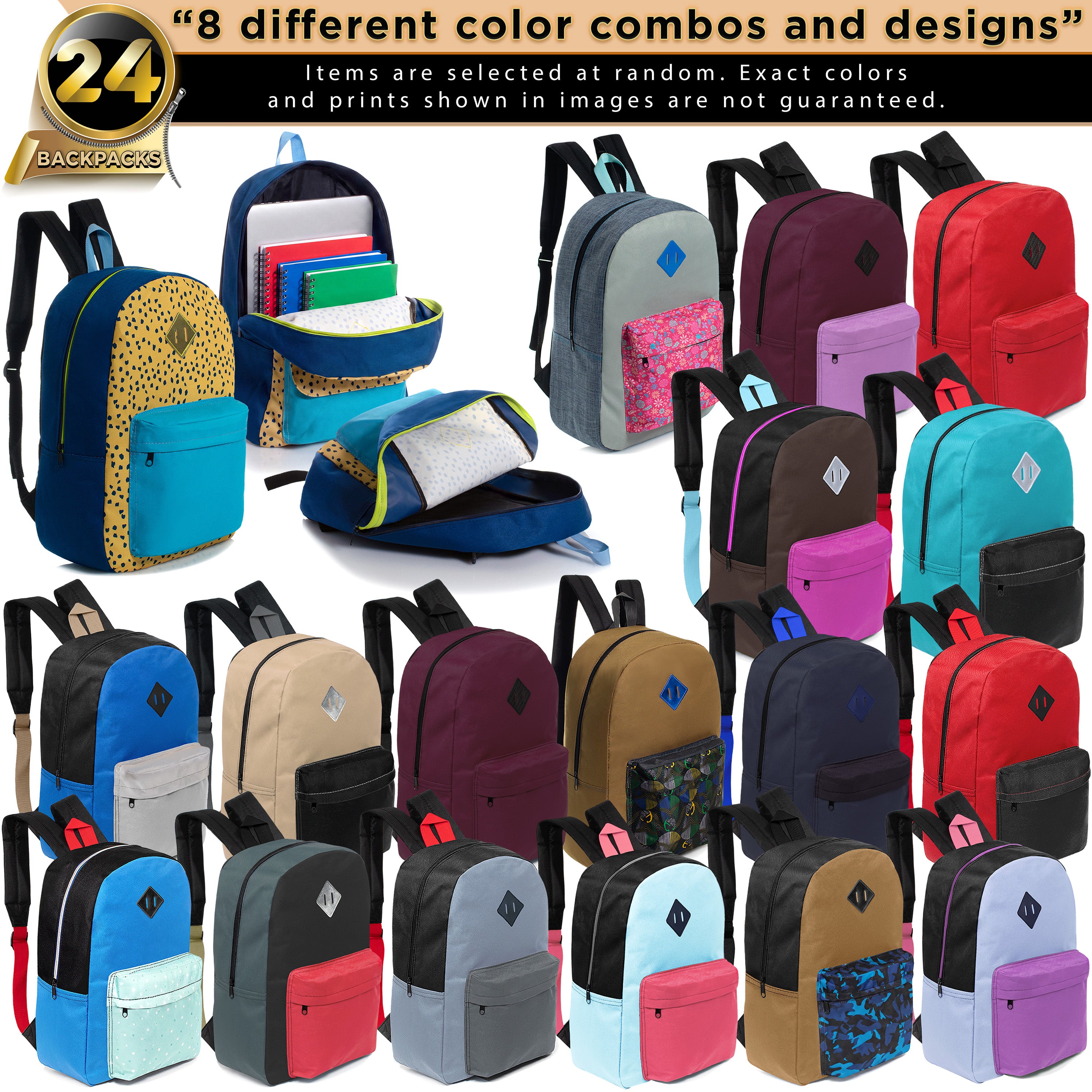 17" Padded Back Kids Wholesale Backpacks with a Diamond Patch in 8 Colors - Bulk Case of 24