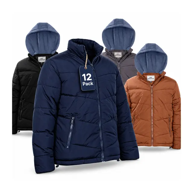 Men's Hooded Warm Winter Wholesale Coats in Assorted Colors & Sizes - Bulk Case of 12 Winter Jackets