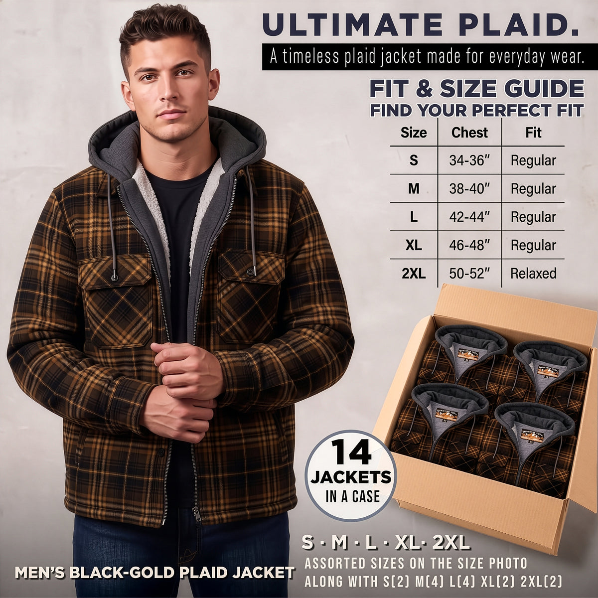 Men's Plaid Hooded Winter Coats in Black/Gold & Assorted Sizes - Bulk Case of 12 Winter Jackets