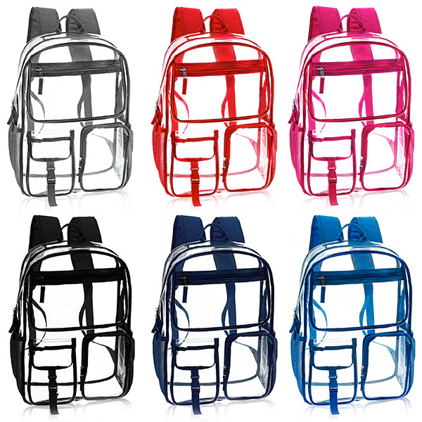 17" Premium Wholesale Clear Backpacks Assorted Colors - Bulk Case of 24 Transparent Bookbags