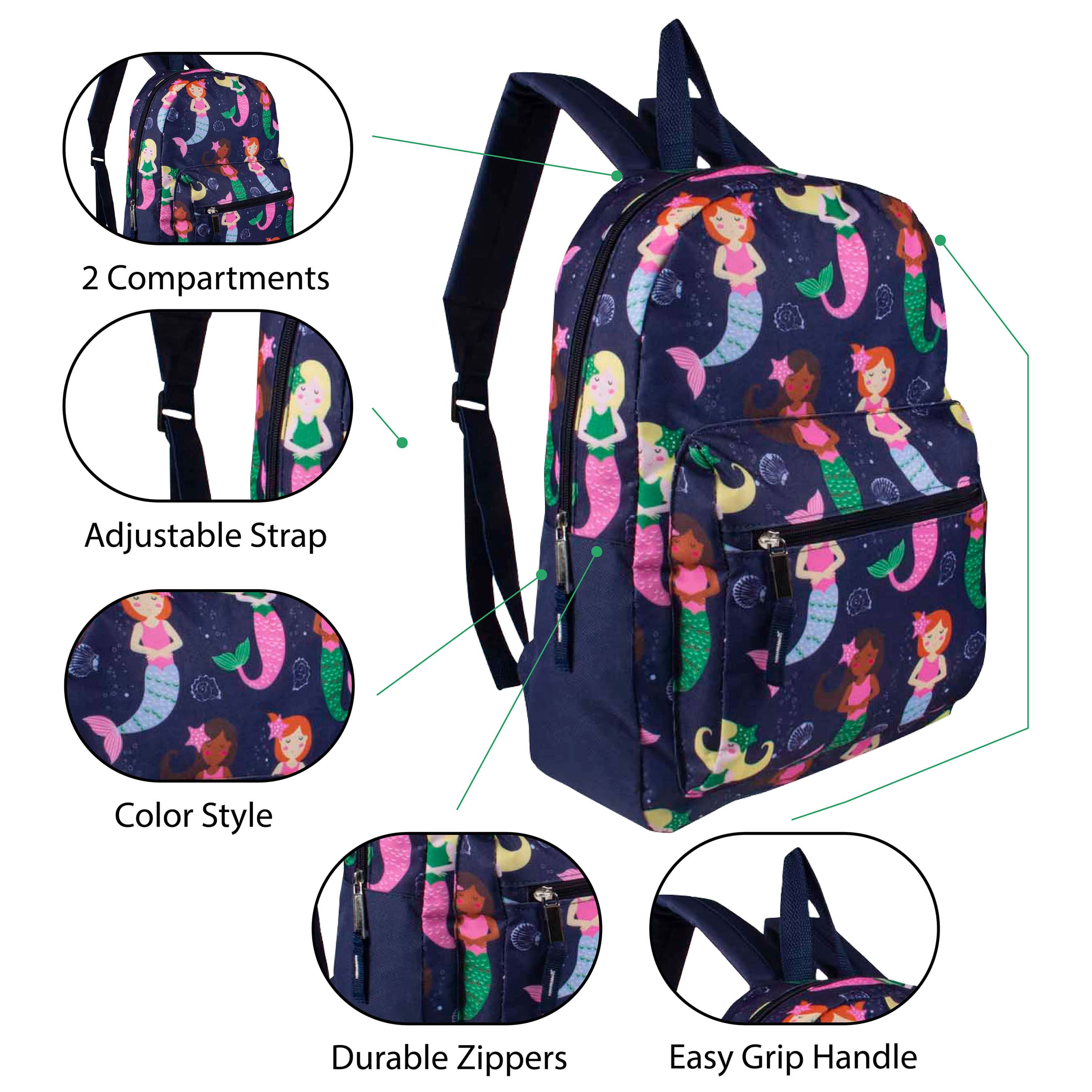 15" Kids Basic Wholesale Backpack in Assorted Girls Prints - Bulk Case of 24