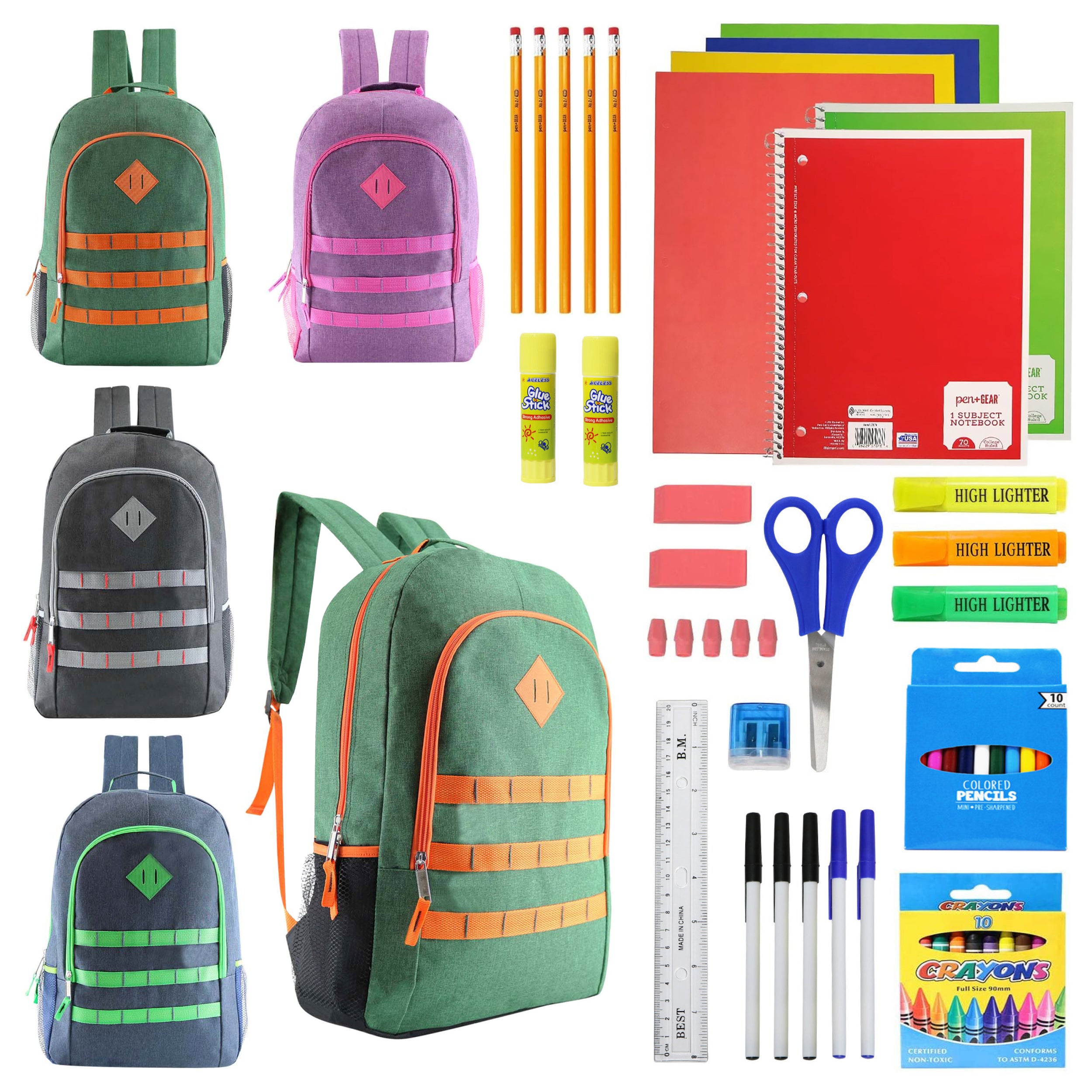 52 Piece Wholesale Deluxe School Supply Kit With 19" Backpack - Bulk Case of 6 Backpacks and Kits