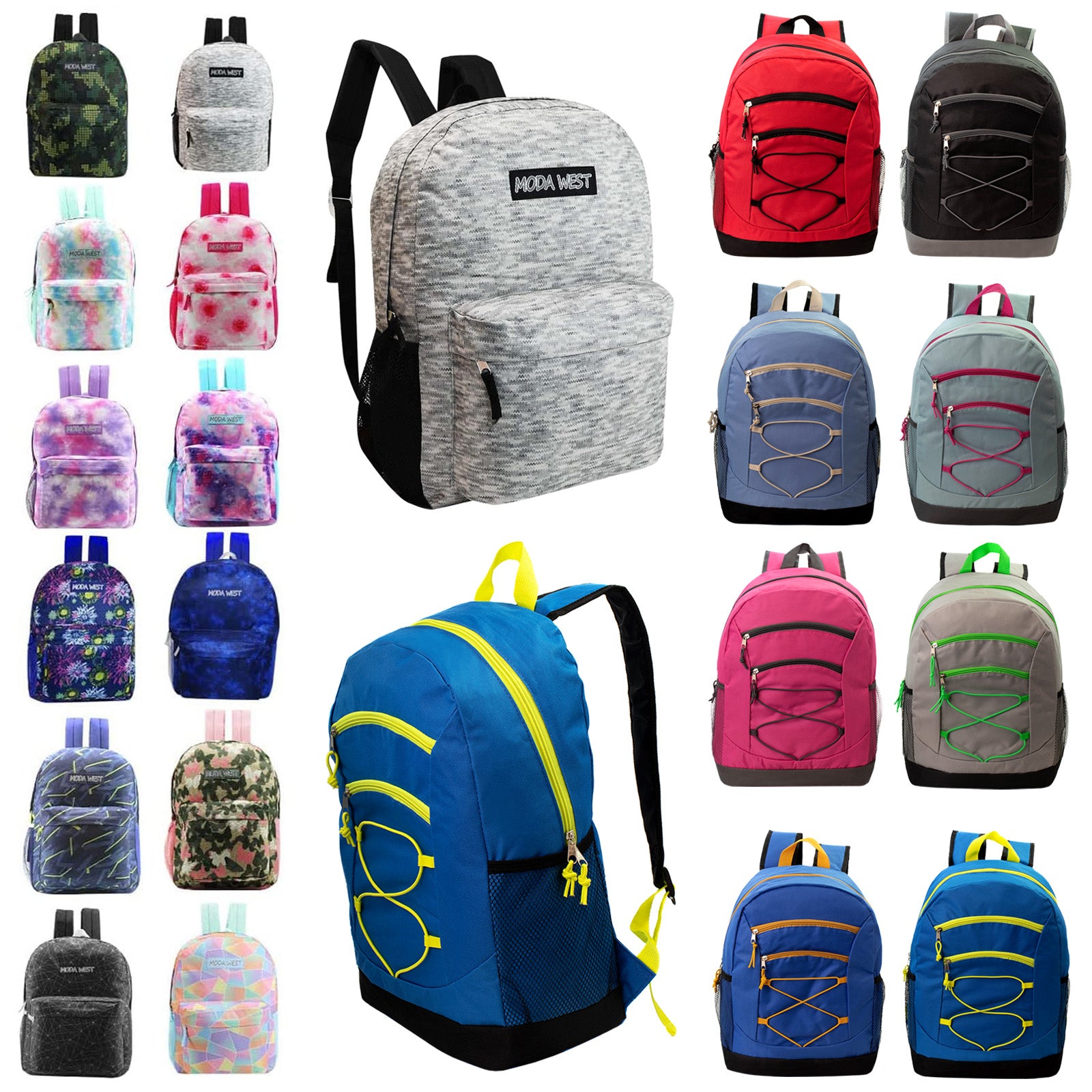 24 Pack of 17" Bungee Deluxe and Classic Design Wholesale Backpack in Assorted Colors and Prints - Bulk Case of 24