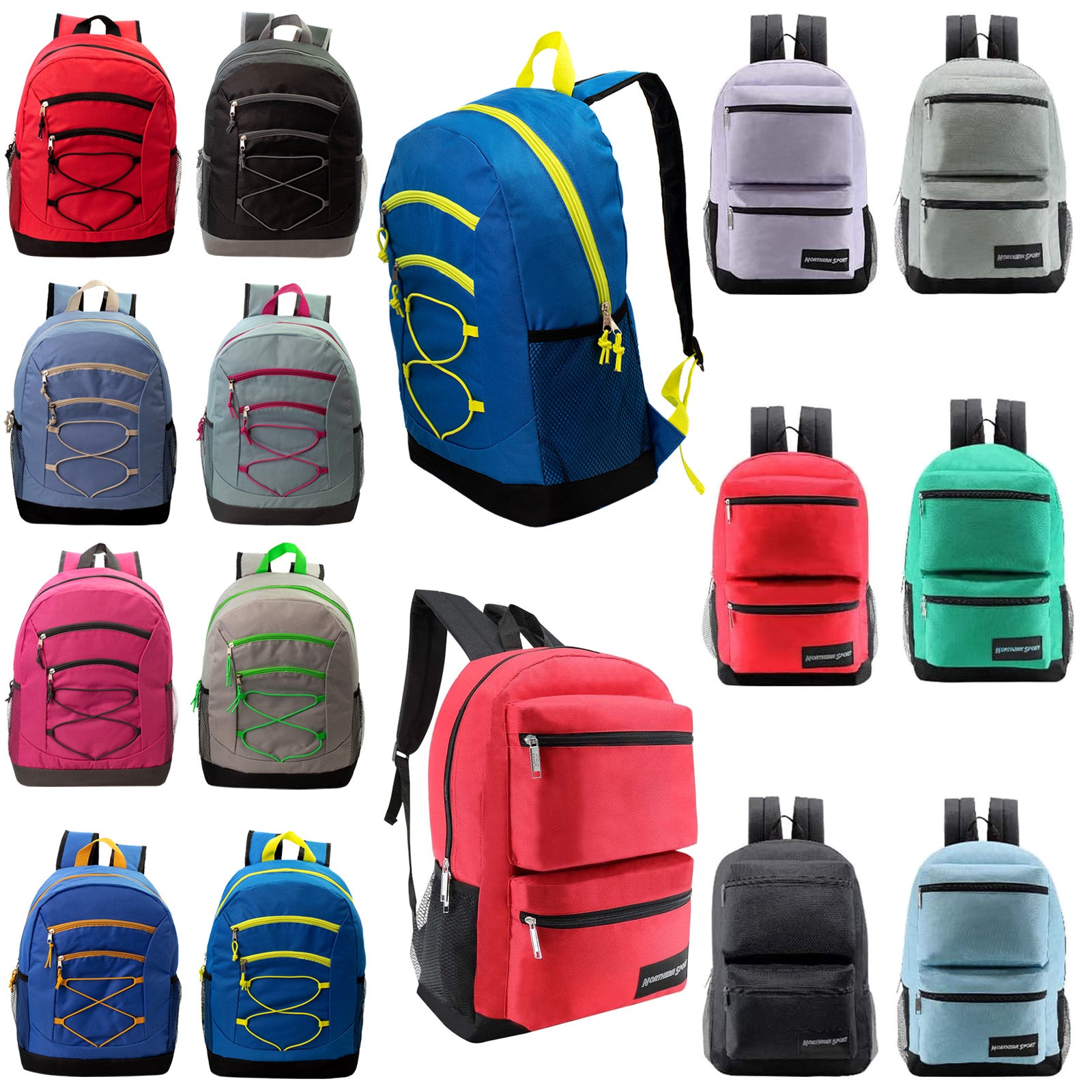 24 Pack of 17" Deluxe and Bungee Wholesale Backpack in Assorted Colors - Bulk Case of 24