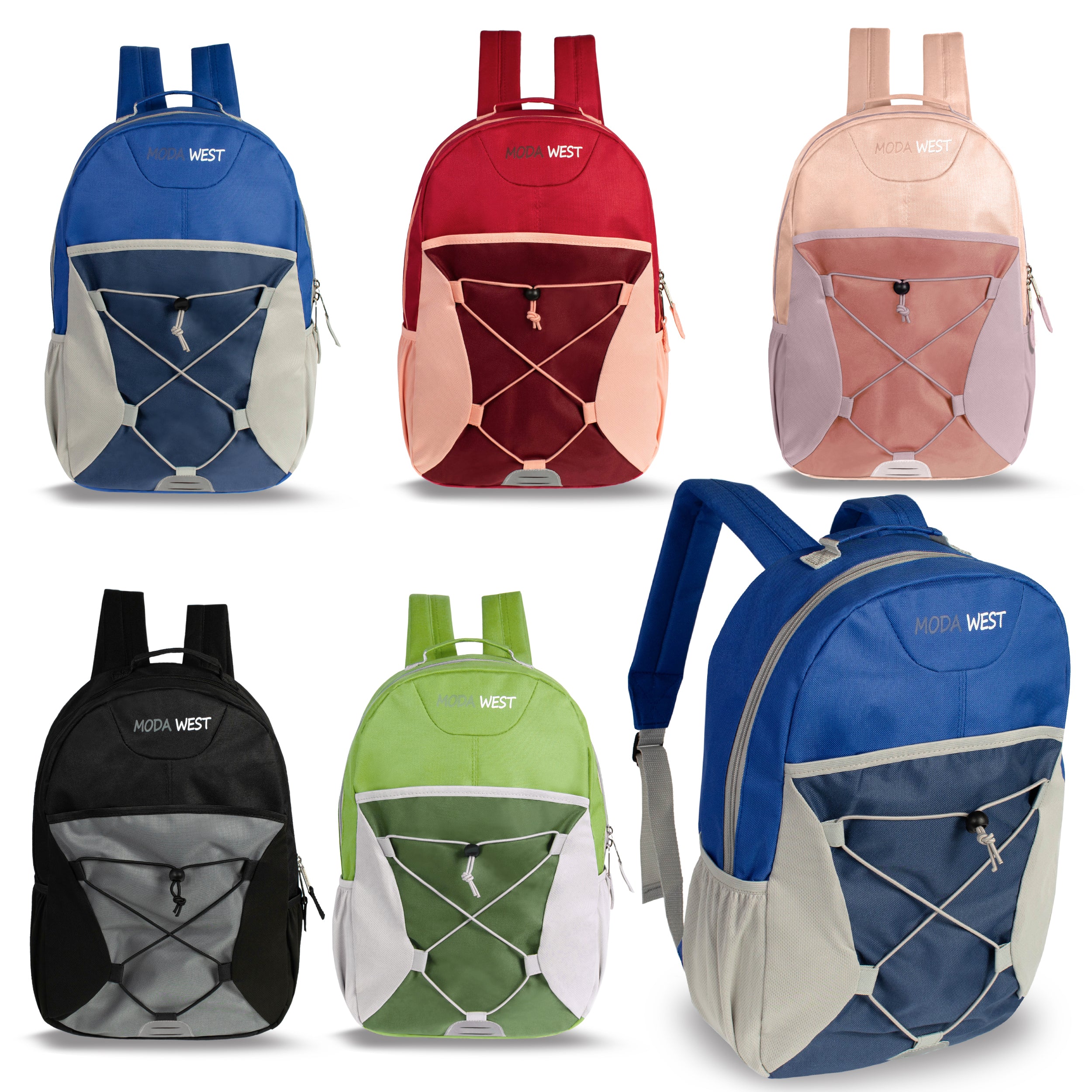 17" Bungee Bulk Backpacks in 5 Assorted Colors - Wholesale Case of 24 Bookbags