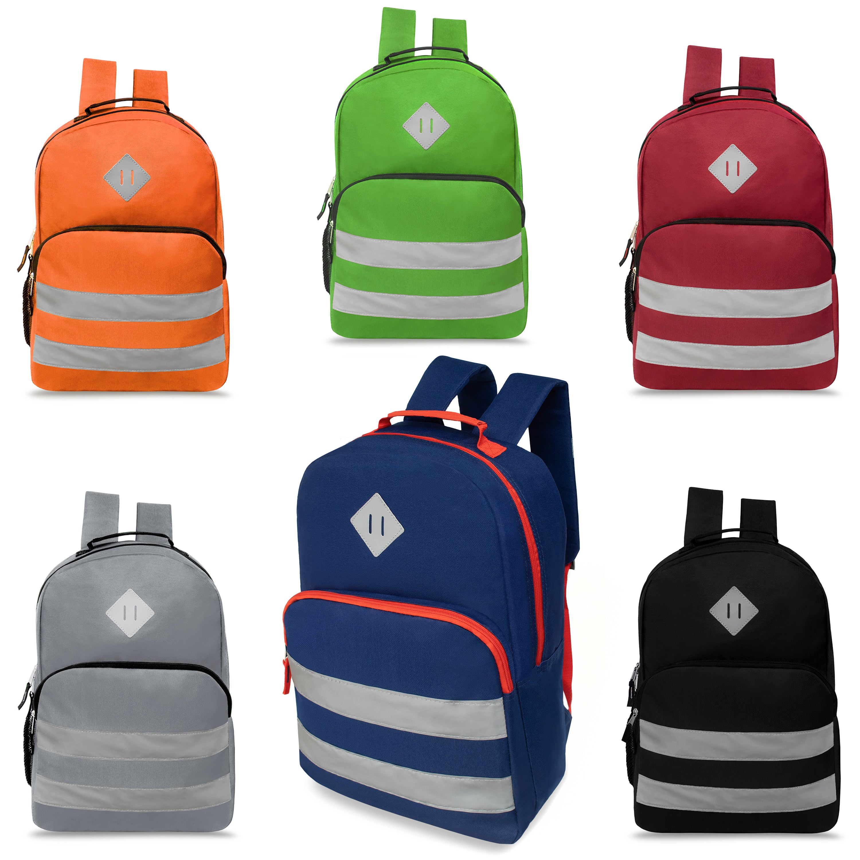 17" Double Reflective Wholesale Backpack in 6 Colors - Bulk Case of 24 Bookbags
