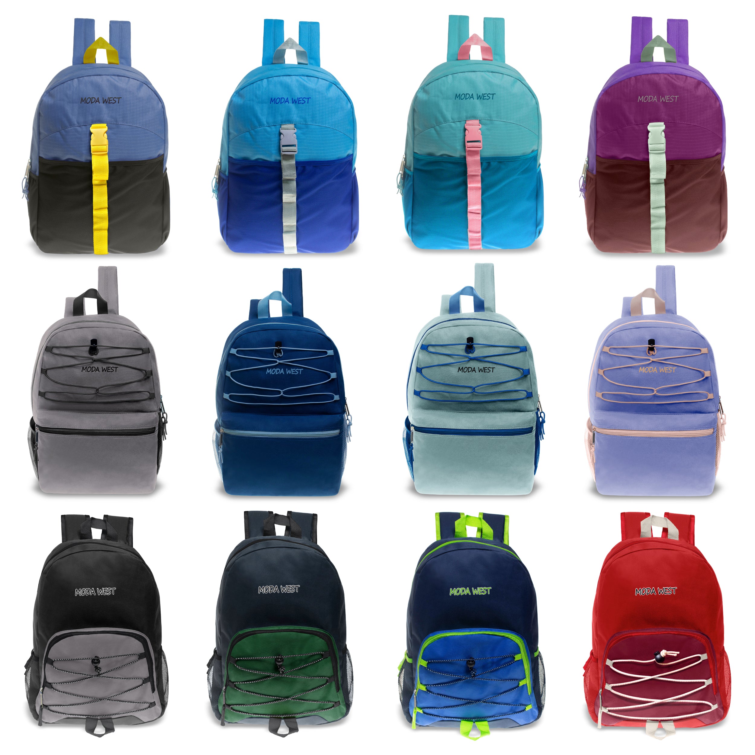 24 Pack of 17" Bungee Wholesale Backpack in Assorted Colors and Styles - Bulk Case of 24