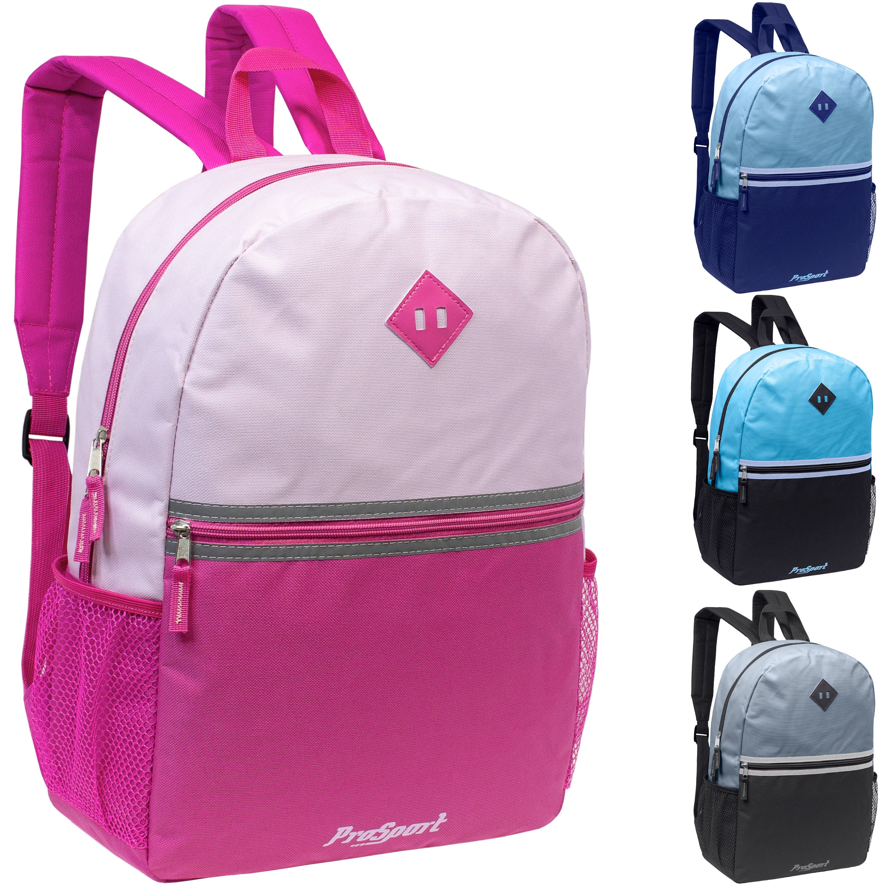 12 Wholesale 17" 2-Tone Backpacks in 4 Colors Combos & 12 Bulk School Supply Kits of Your Choice