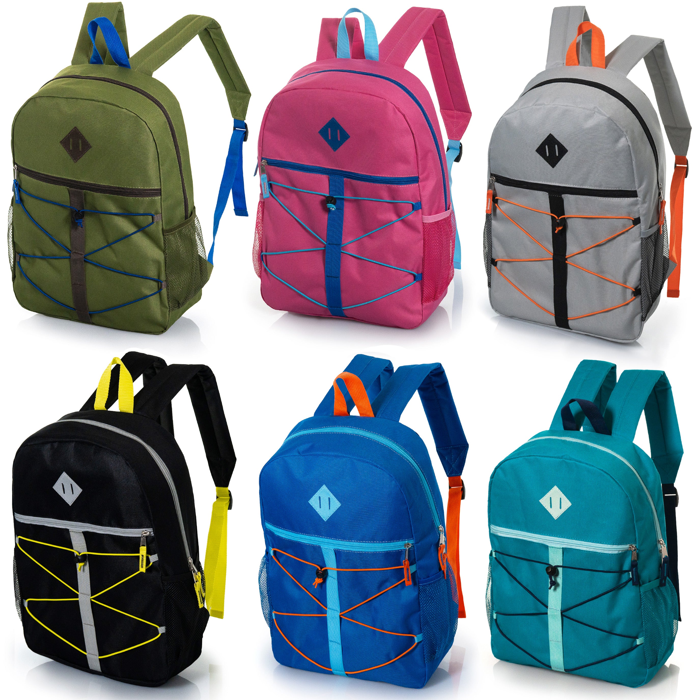 17" Wholesale Bungee Backpacks in 6 Colors with Side Pockets - Bulk Case of 24 Bookbags