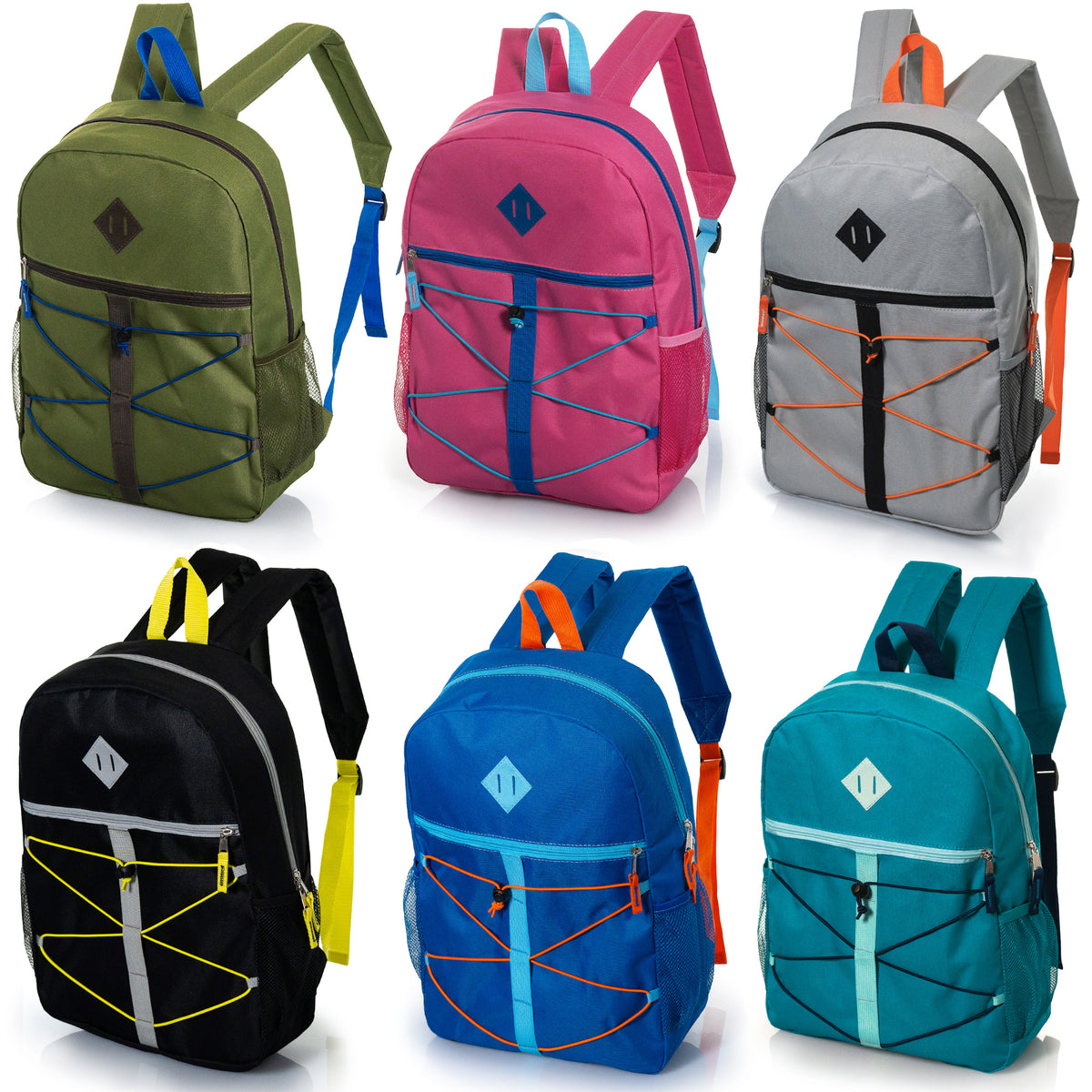 12 Bungee & Daisy Chain 17" Backpacks & Your Choice of 12 Bulk Hygiene Kits - Wholesale Care Package: Homeless, Emergency, Charity