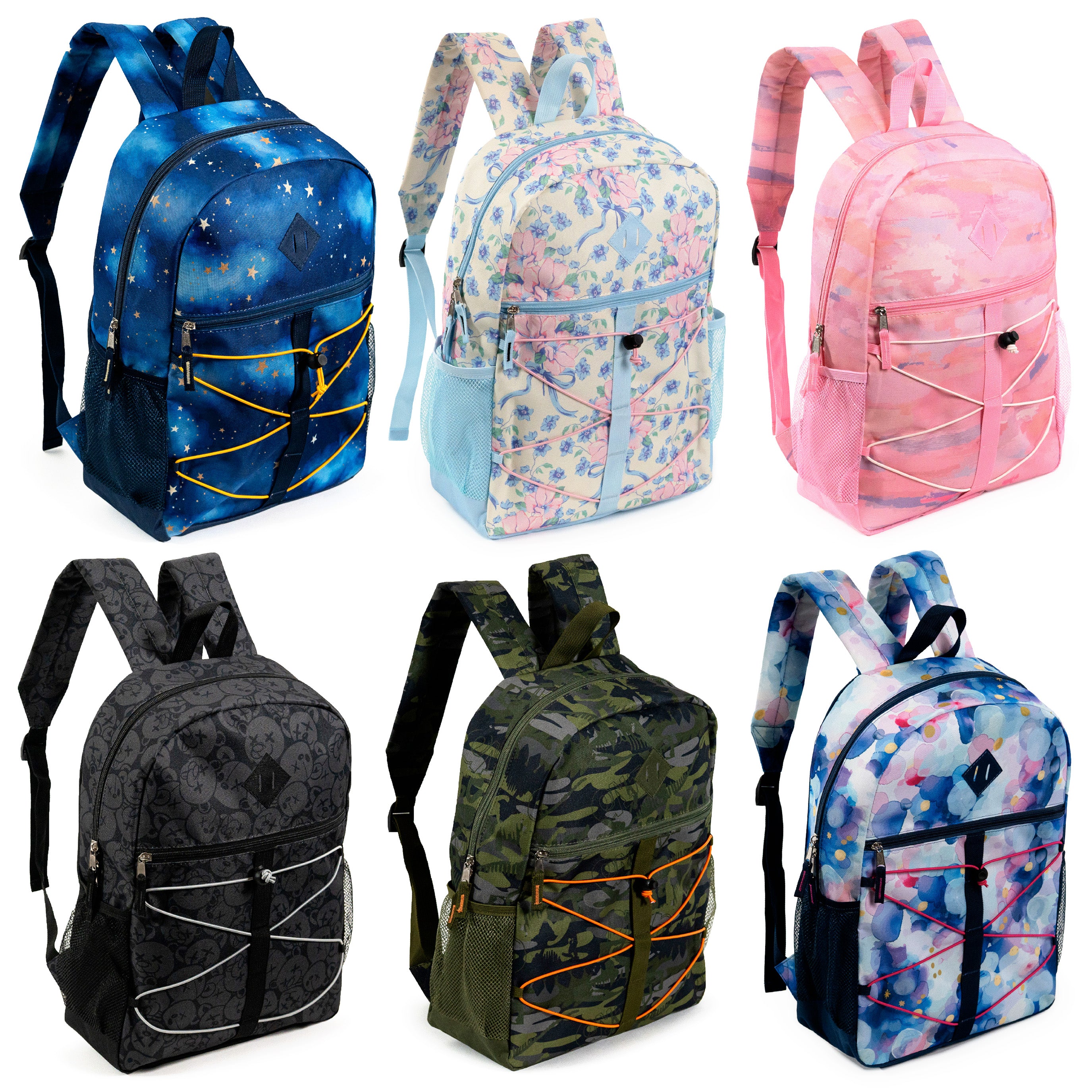 17" Wholesale Bungee Backpacks in 12 Assorted Colors & Prints - Bulk Case of 24 Bookbags