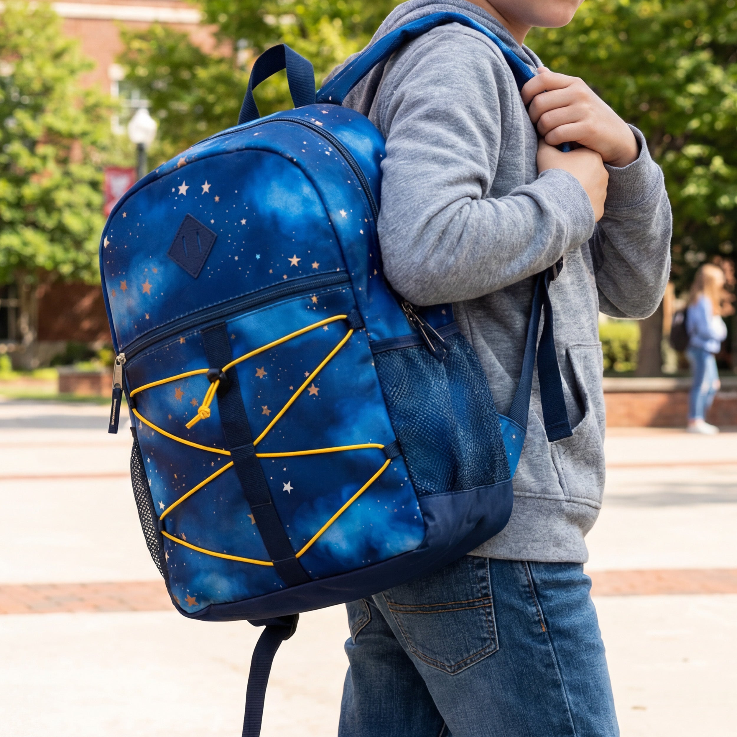 17" Wholesale Bungee Backpacks with Side Pockets in 6 Patterns - Bulk Case of 24 Bookbags