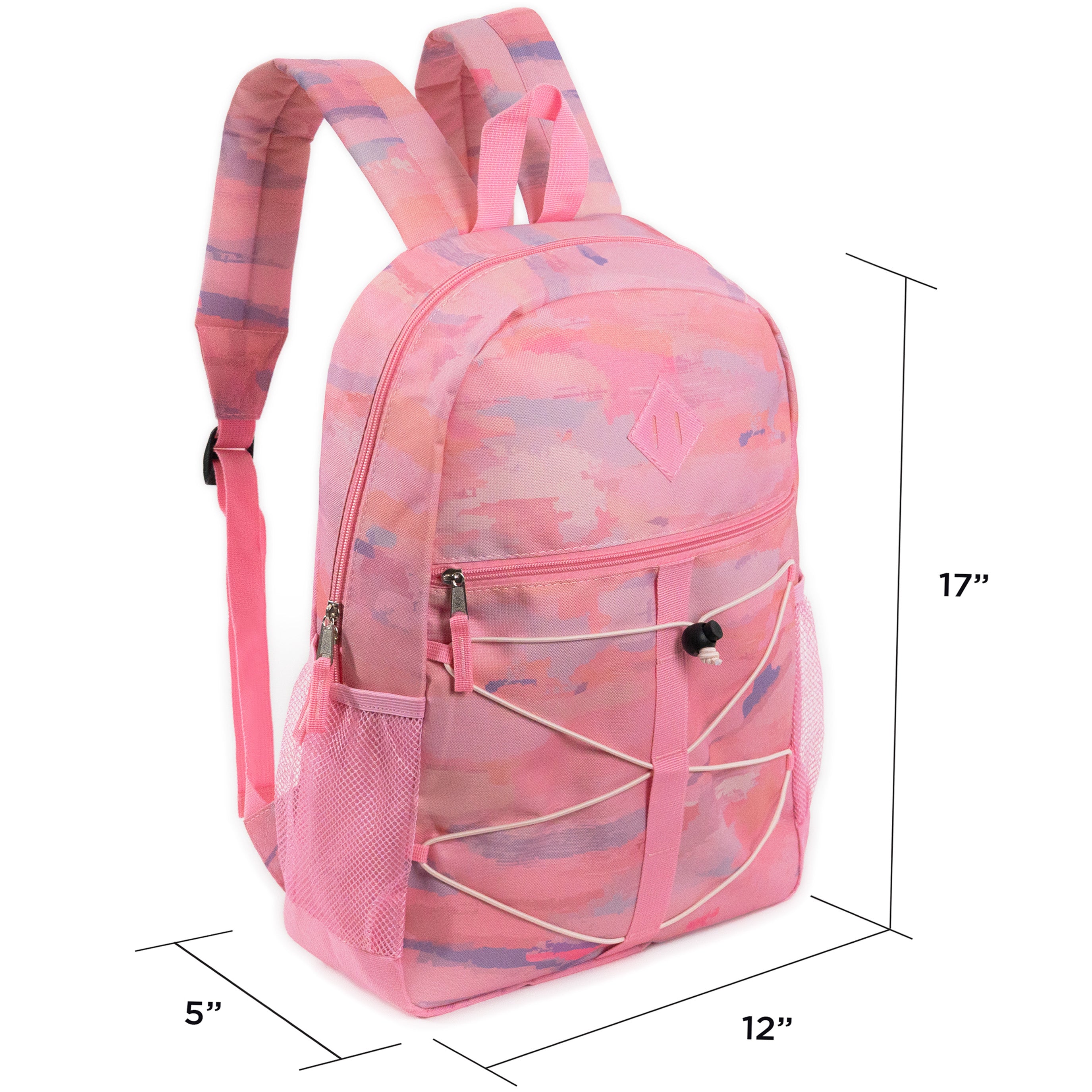 17" Wholesale Bungee Backpacks in 12 Assorted Colors & Prints - Bulk Case of 24 Bookbags