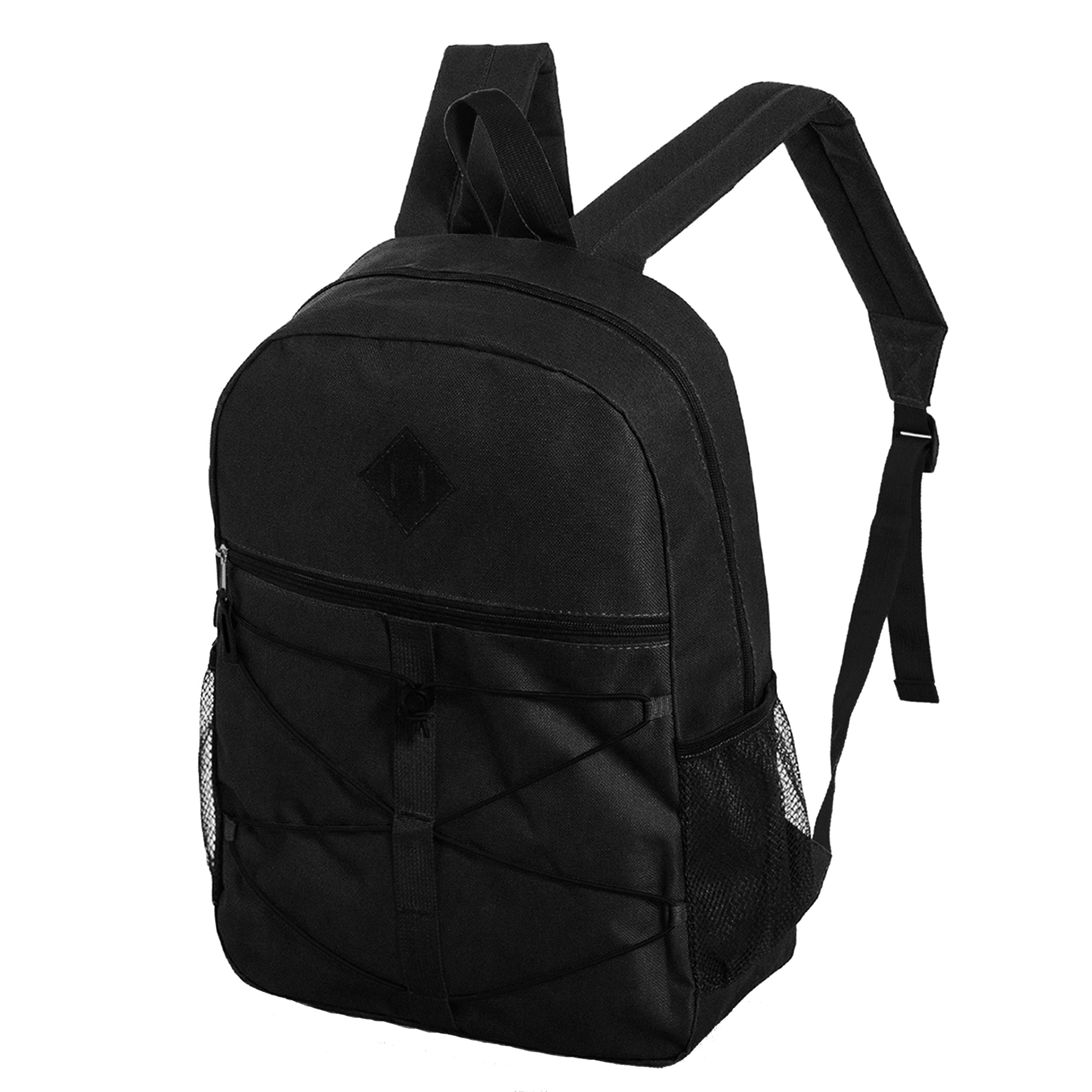 18" Wholesale Bungee Backpacks in Black with 2 Side Pockets - Bulk Case of 24 Bookbags
