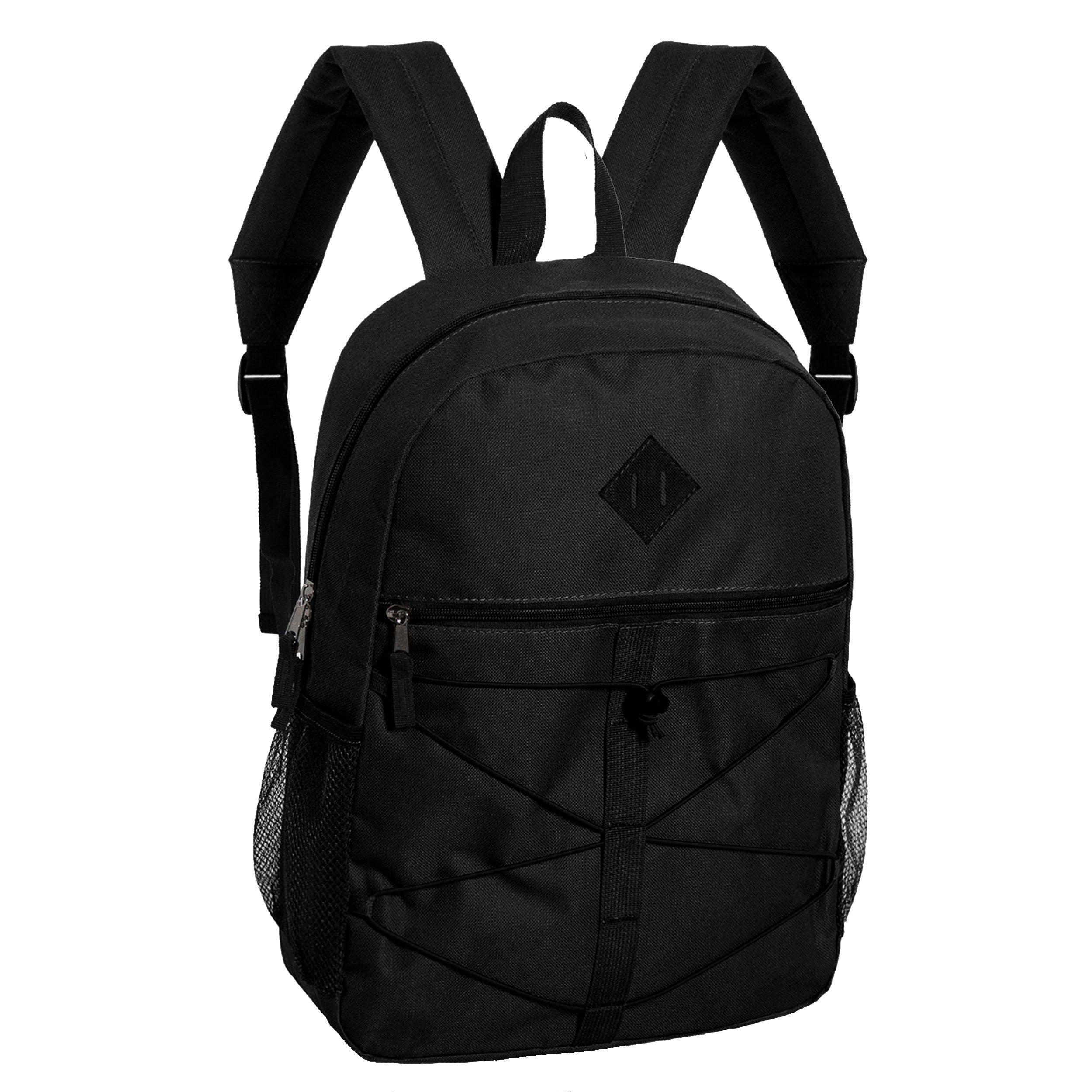 18" Wholesale Bungee Backpacks in Black with 2 Side Pockets - Bulk Case of 24 Bookbags