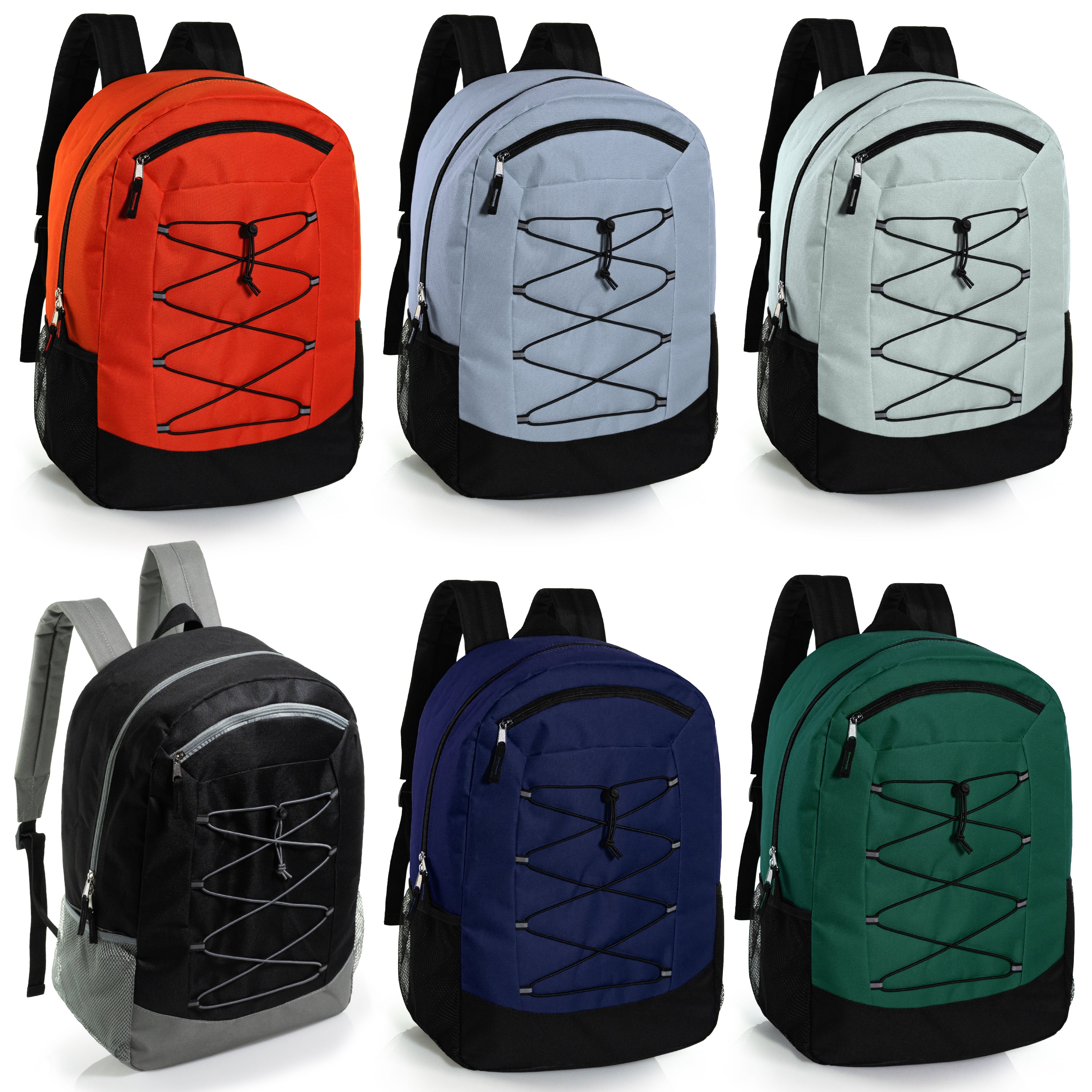 19" Deluxe Wholesale Bungee Backpacks in 6 Colors | Dual Mesh Side Pockets - Bulk Case of 24 Bookbags