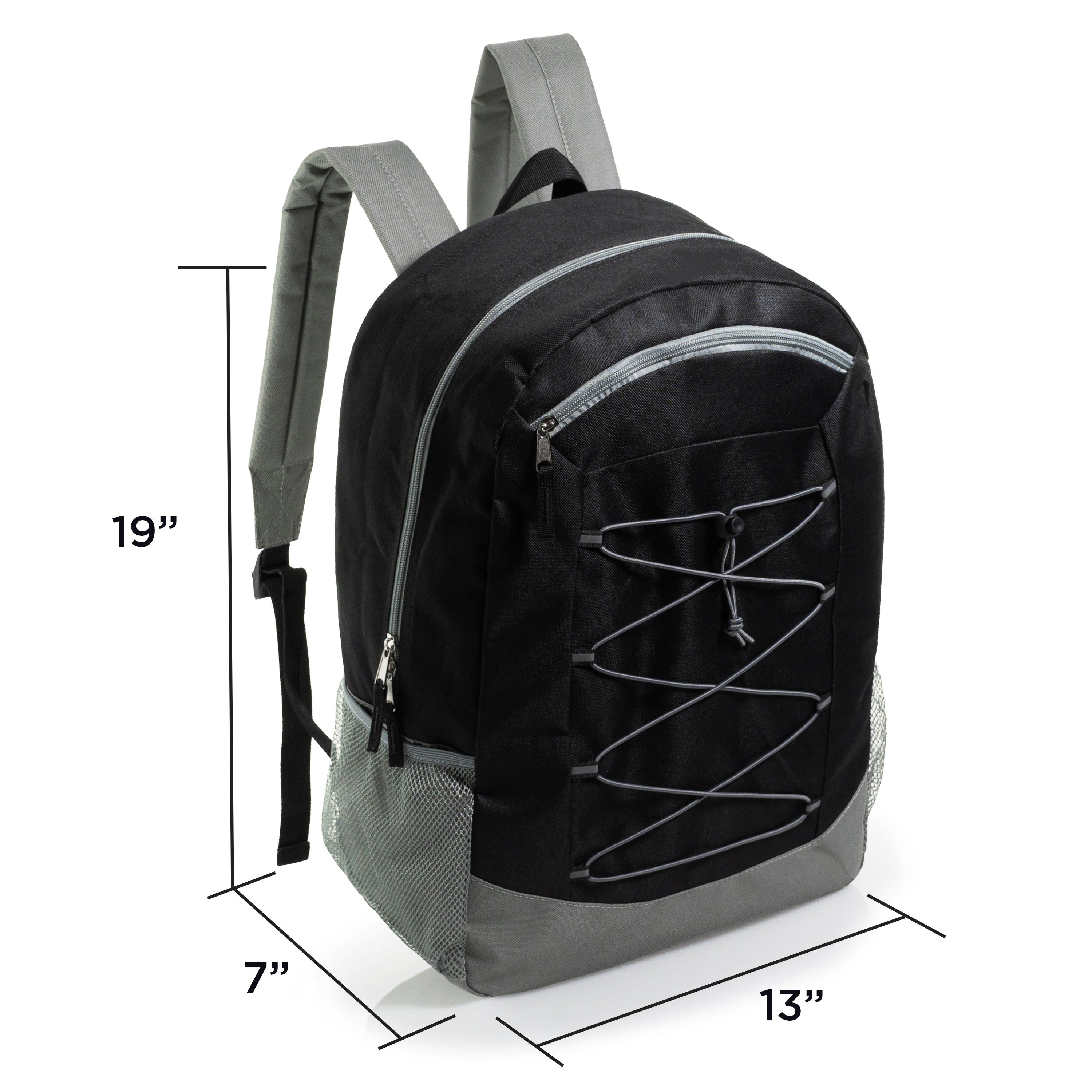 19" Wholesale Bungee Backpacks in 6 Colors | Dual Mesh Side Pockets - Bulk Case of 24 Bookbags