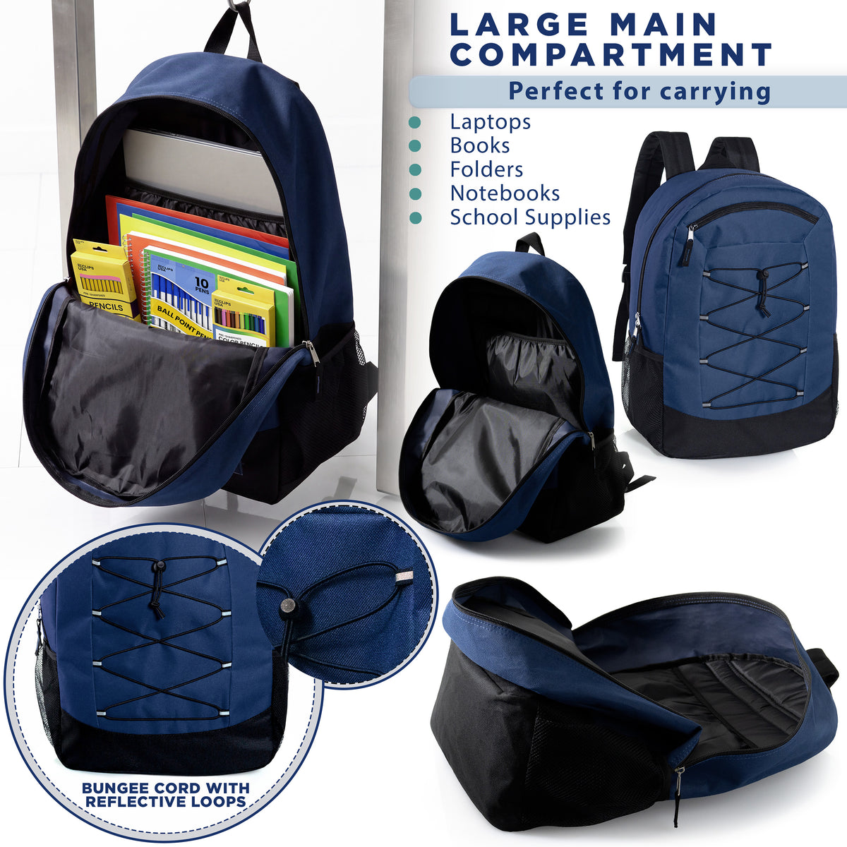 19" Deluxe Wholesale Bungee Backpacks in 6 Colors | Dual Mesh Side Pockets - Bulk Case of 24 Bookbags