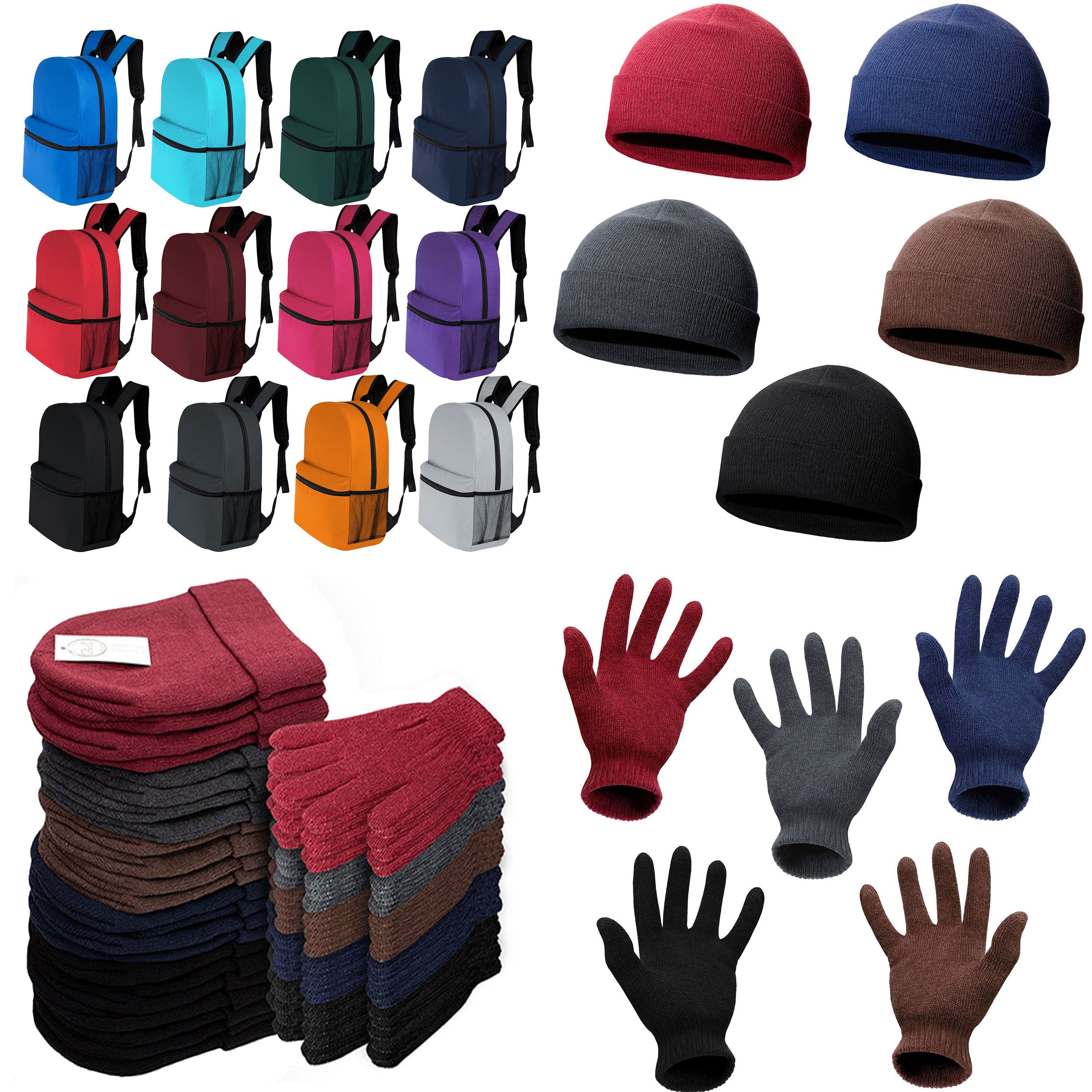 12 Classic 17" Backpacks in 12 Different Colors & Your Choice of 12 Winter Item Sets - Wholesale Care Package: Homeless, Emergency, Charity