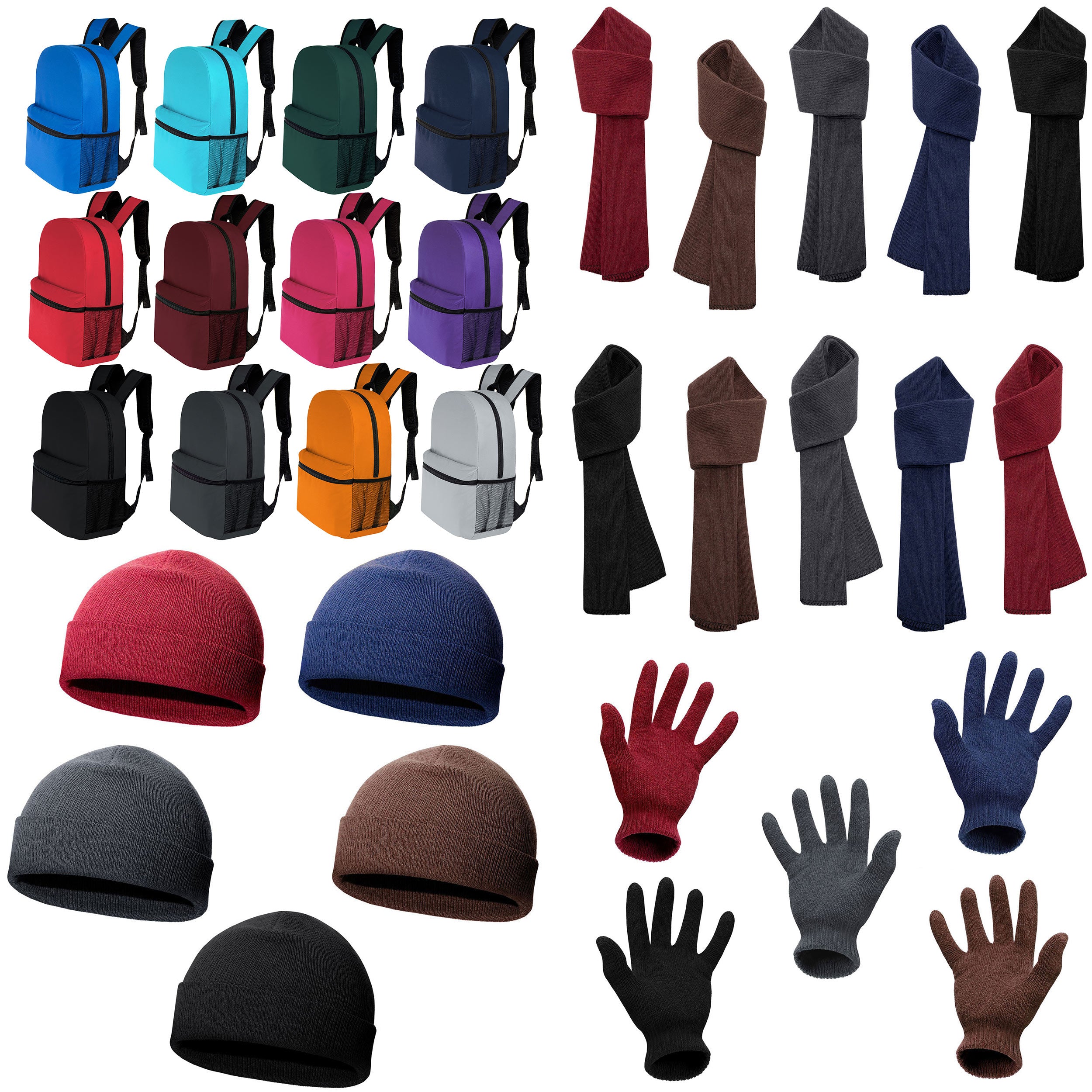 12 Classic 17" Backpacks in 12 Different Colors & Your Choice of 12 Winter Item Sets - Wholesale Care Package: Homeless, Emergency, Charity