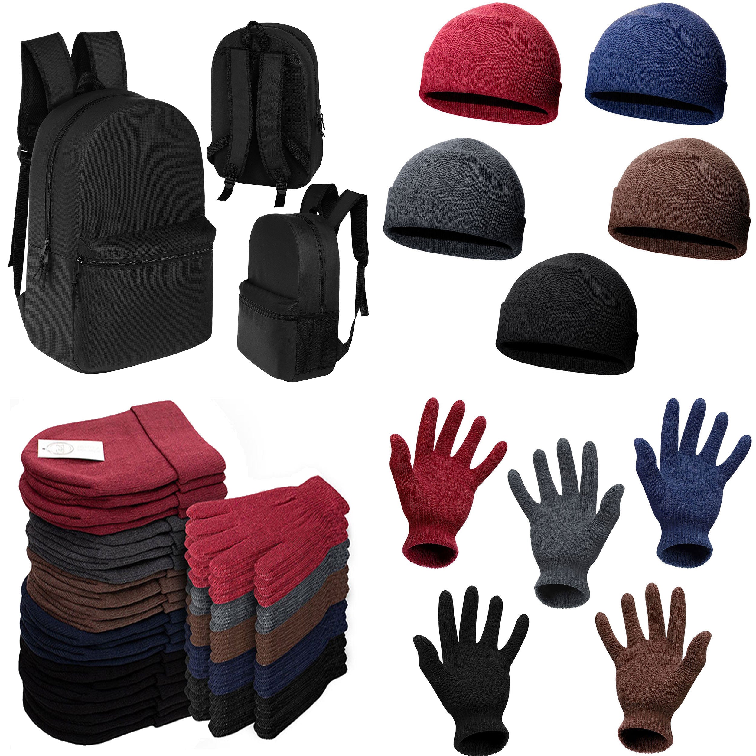 12 Wholesale 18.5" Basic Backpacks in Black & Your Choice of 12 Winter Item Sets - Wholesale Care Package: Homeless, Emergency, Charity