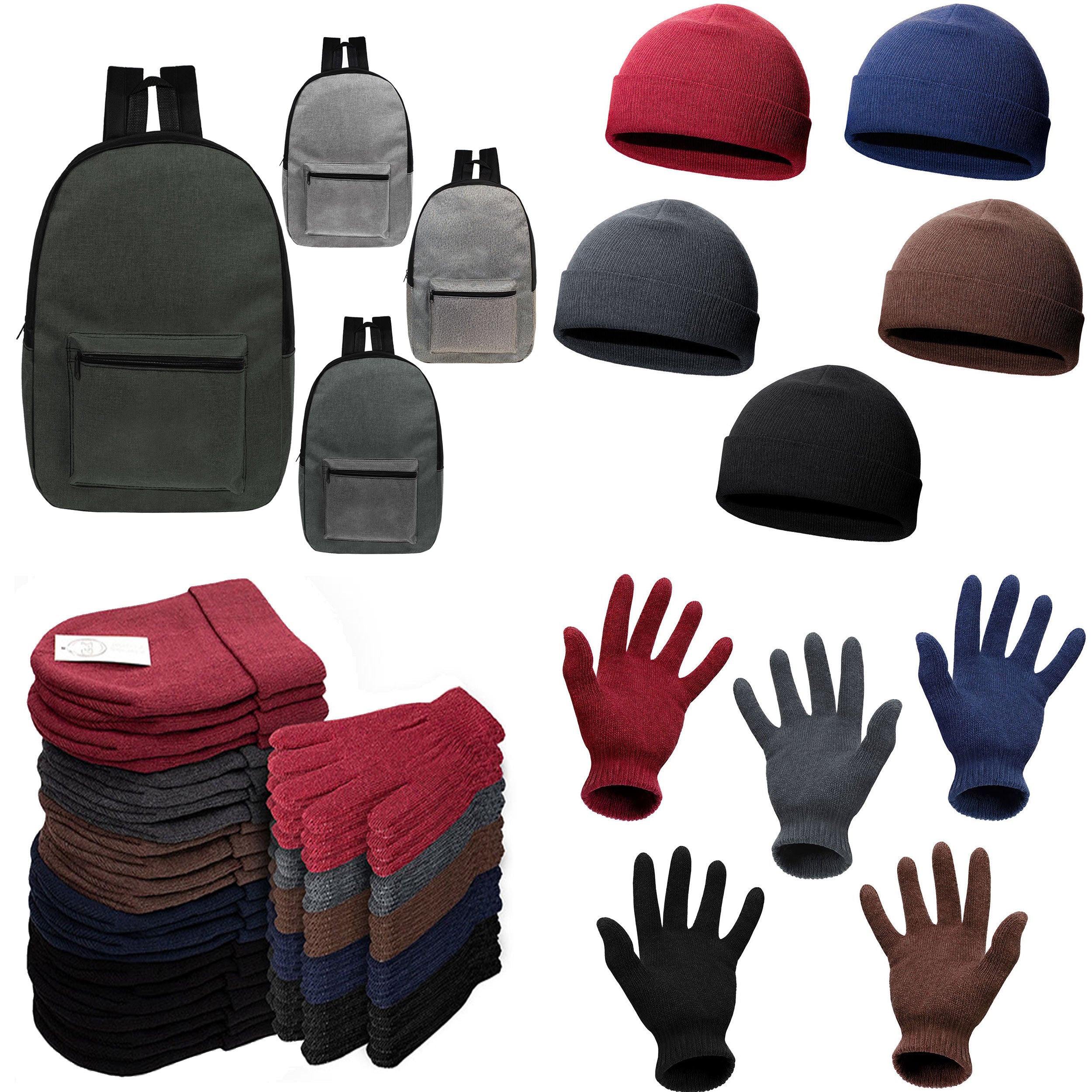 12 Basic 17" Backpacks in Assorted Colors & Your Choice of 12 Winter Item Sets - Wholesale Care Package: Homeless, Emergency, Charity