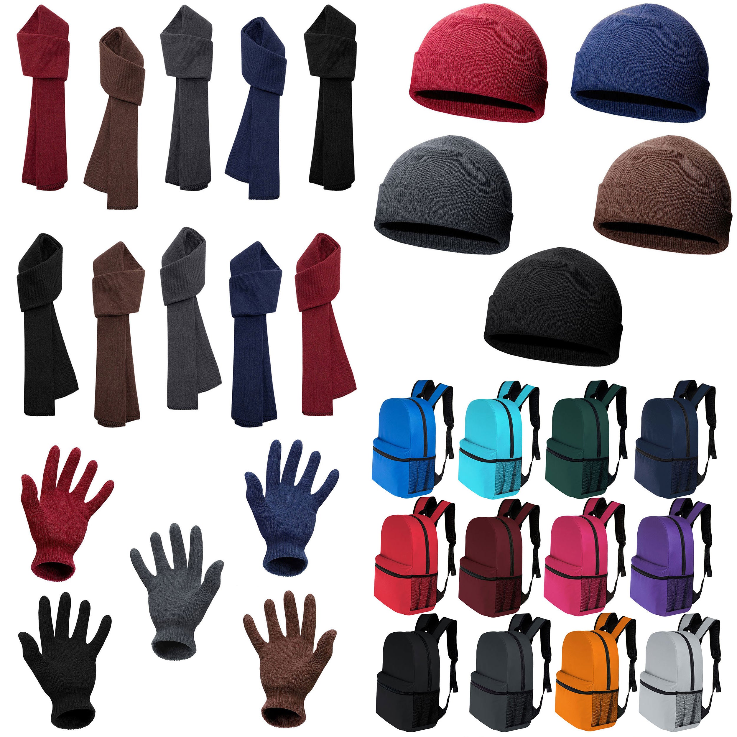 12 Classic 16" Backpacks in 12 Different Colors & Your Choice of 12 Winter Item Sets - Wholesale Care Package: Homeless, Emergency, Charity