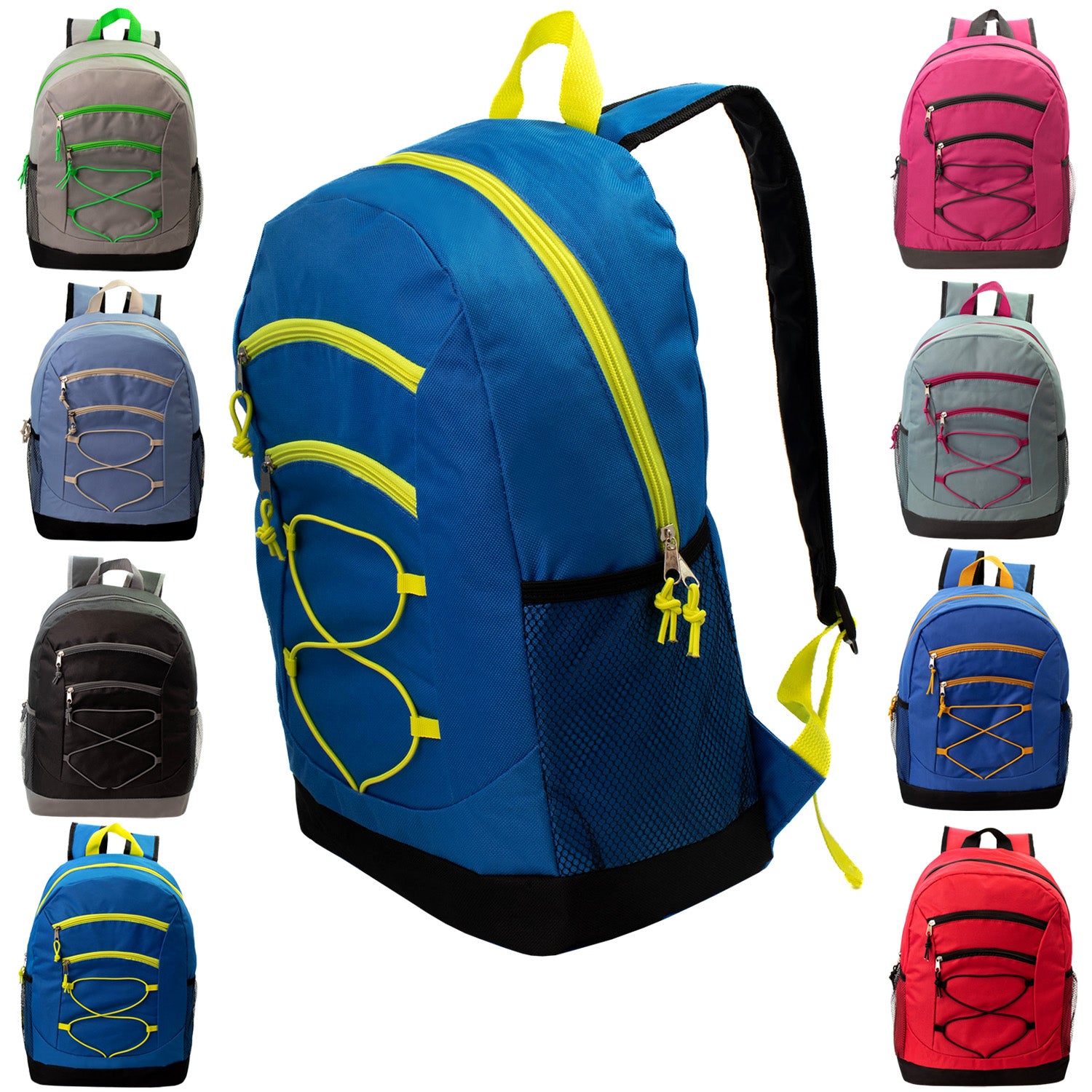 12 Bulk 17 Inch Bungee Backpacks in 8 Colors & 12 Wholesale School Supply Kits of Your Choice