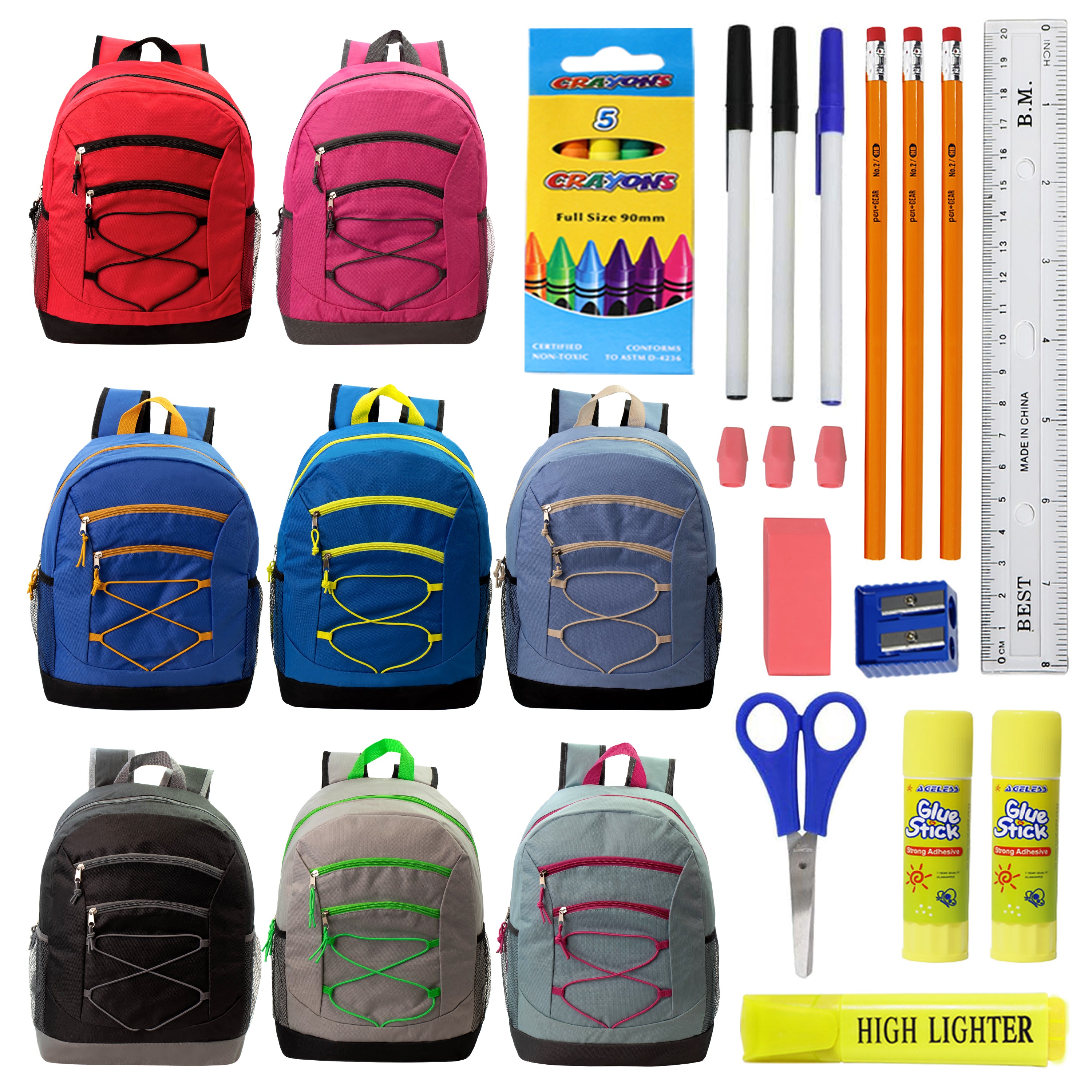 12 Bulk 17 Inch Bungee Backpacks in 8 Colors & 12 Wholesale School Supply Kits of Your Choice