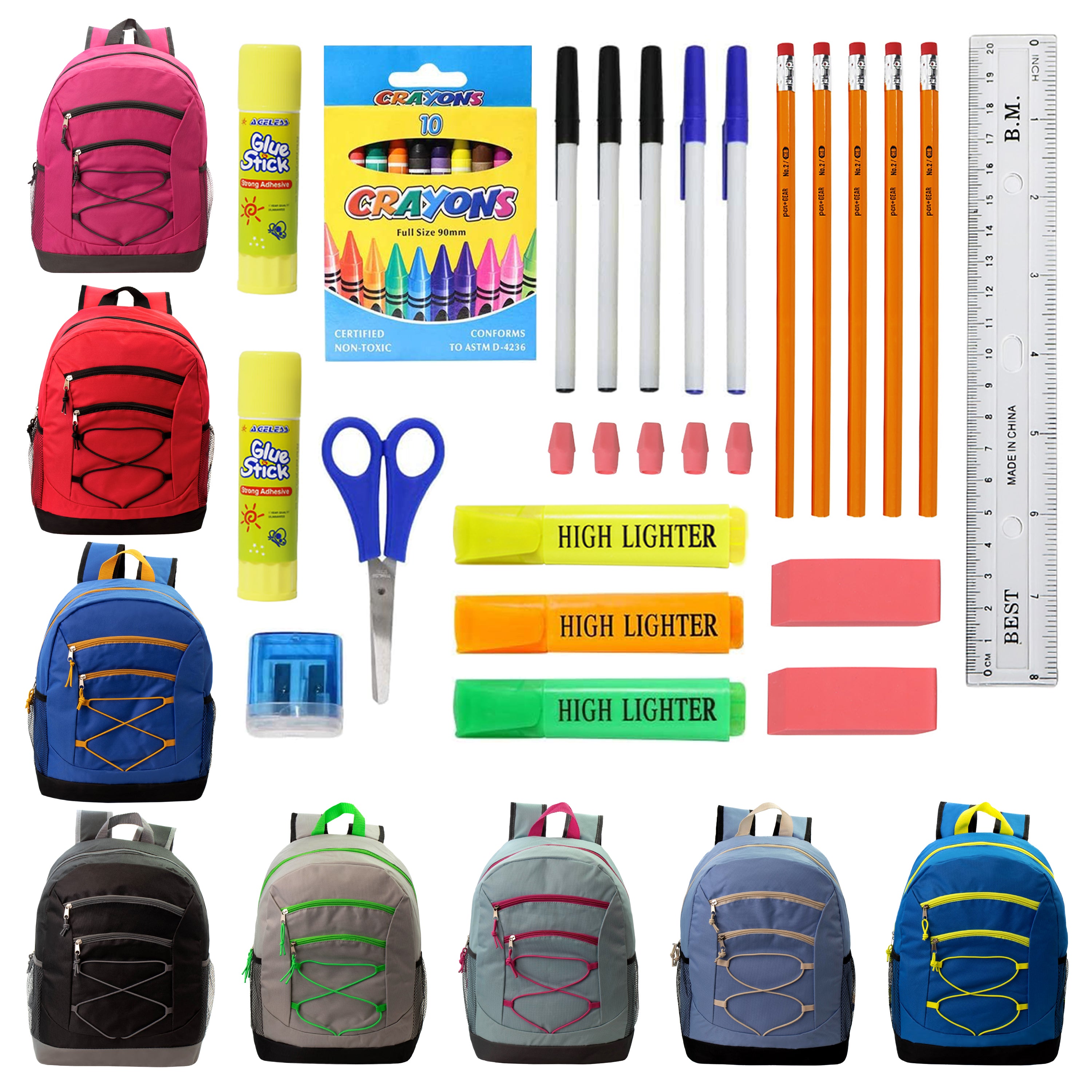 17 Inch Bulk Backpacks in Assorted Designs with School Supply Kits Wholesale - Kit of 12